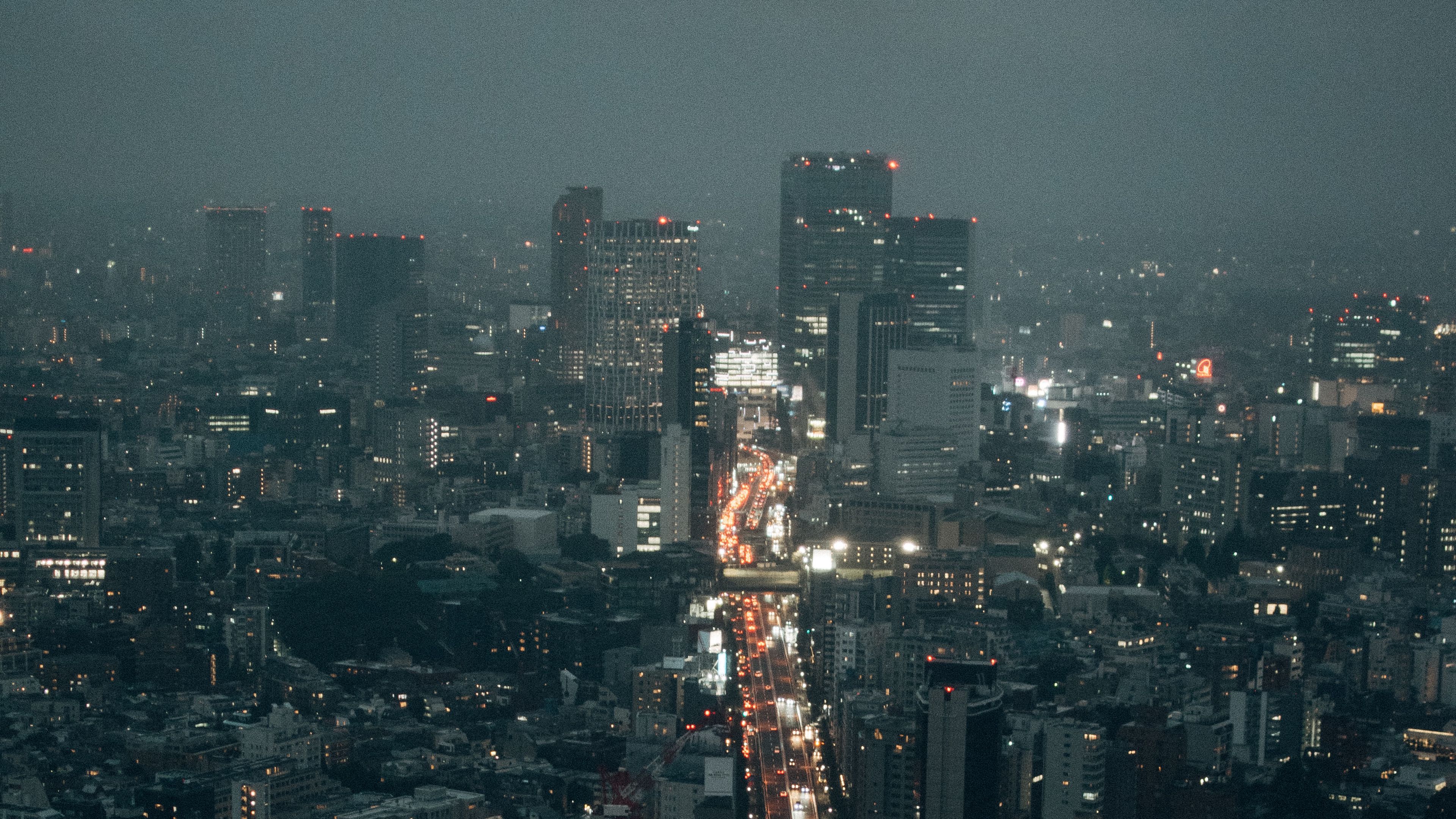 road, night city, lights, buildings, 4k, HD Wallpaper