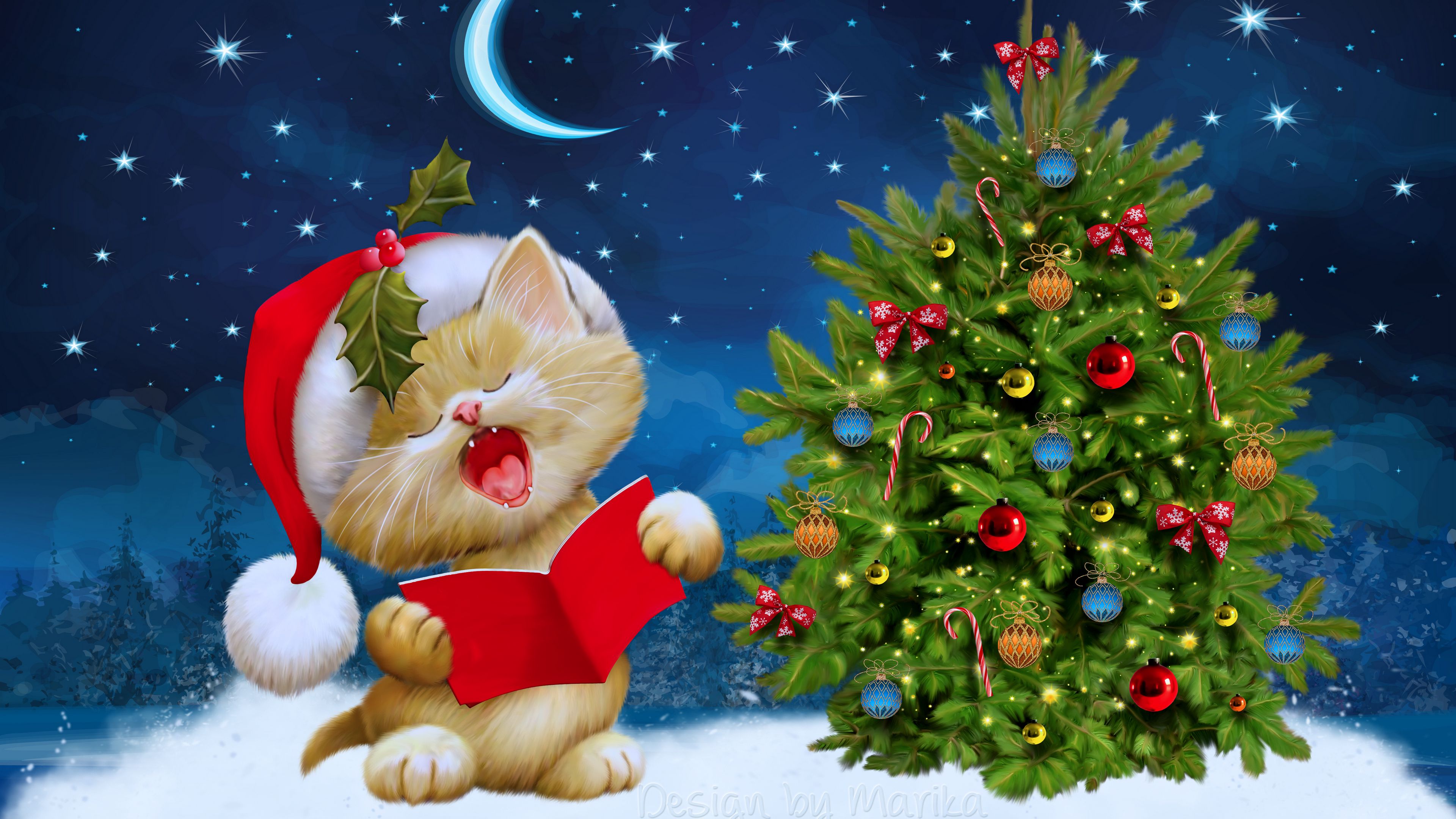 new year, christmas, cat, card, 4k, HD Wallpaper