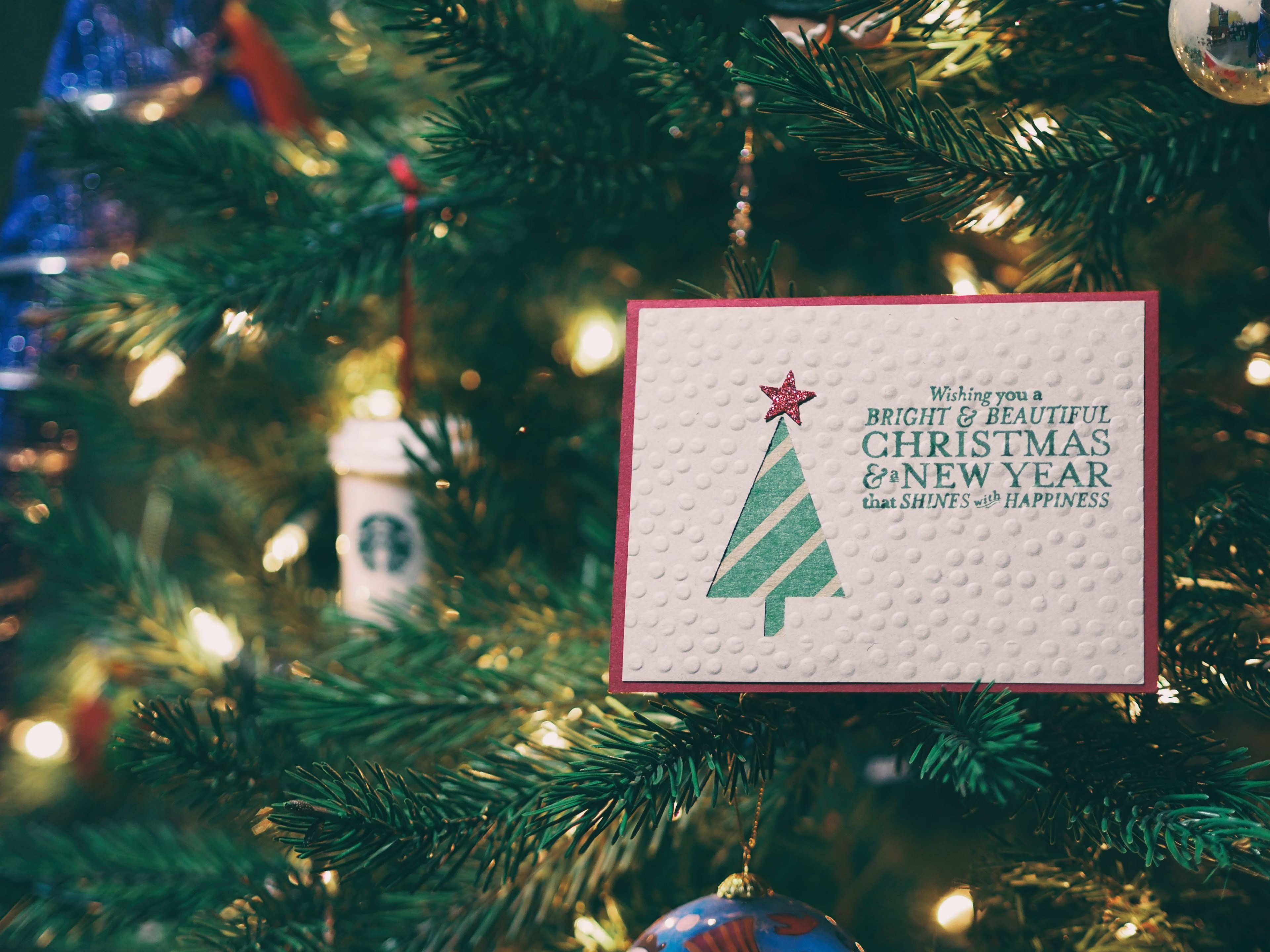 tree christmas christmas tree and card 4k, HD Wallpaper