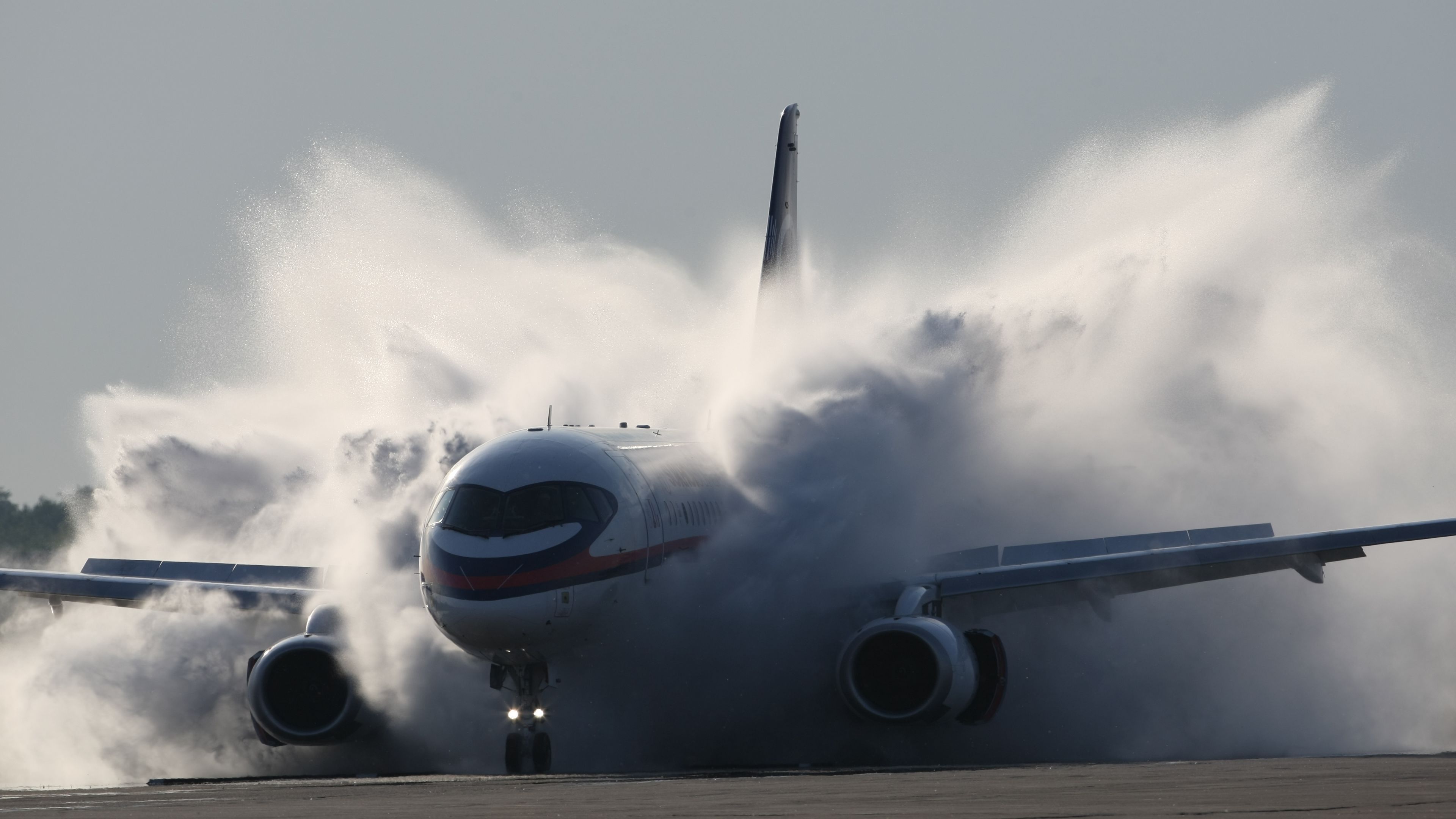 sukhoi, superjet, 100, aircraft, smoke, dust, 4k, HD Wallpaper
