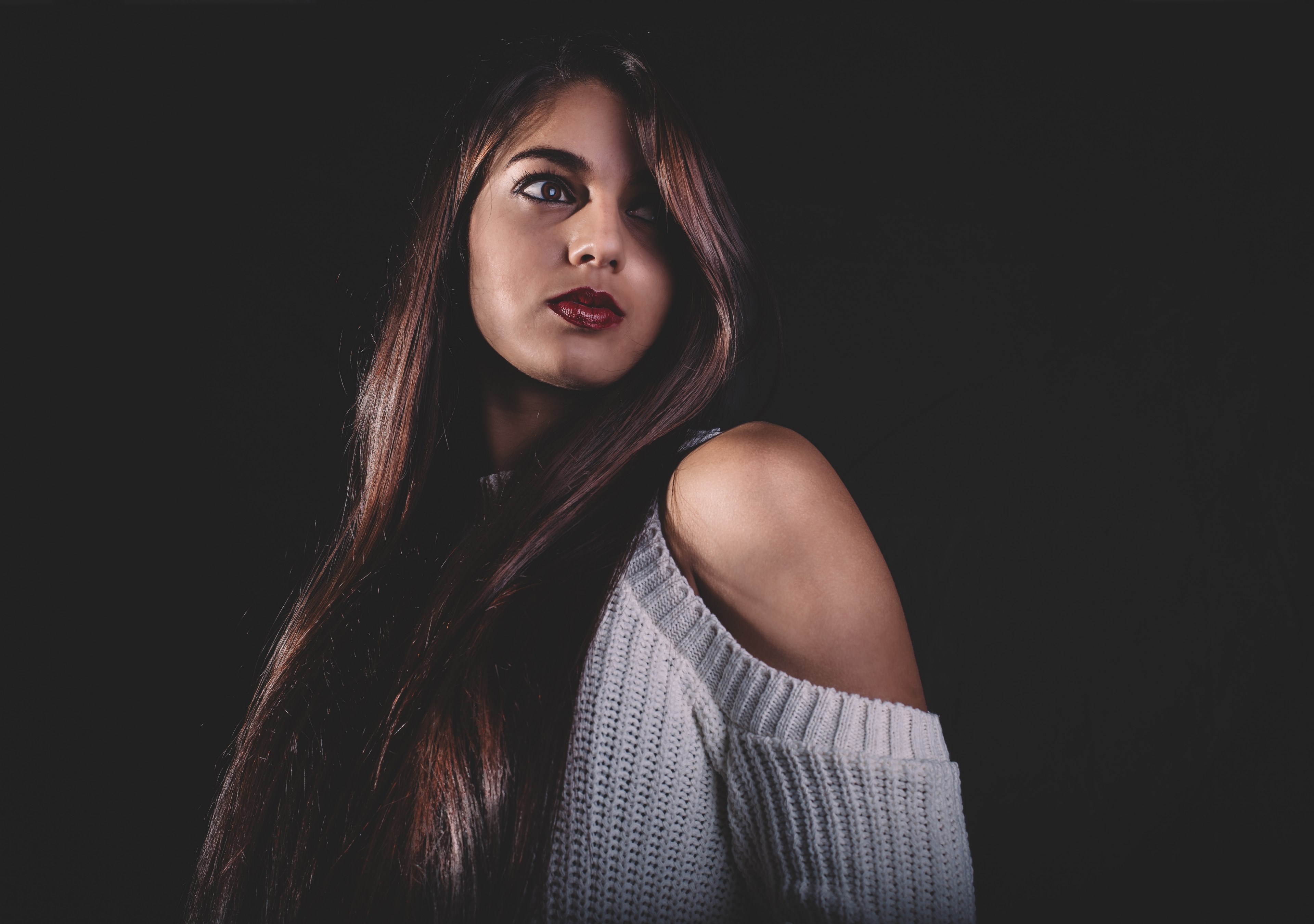 young woman wearing an off the shoulder sweater looks off into the distance, model features 4k, HD Wallpaper