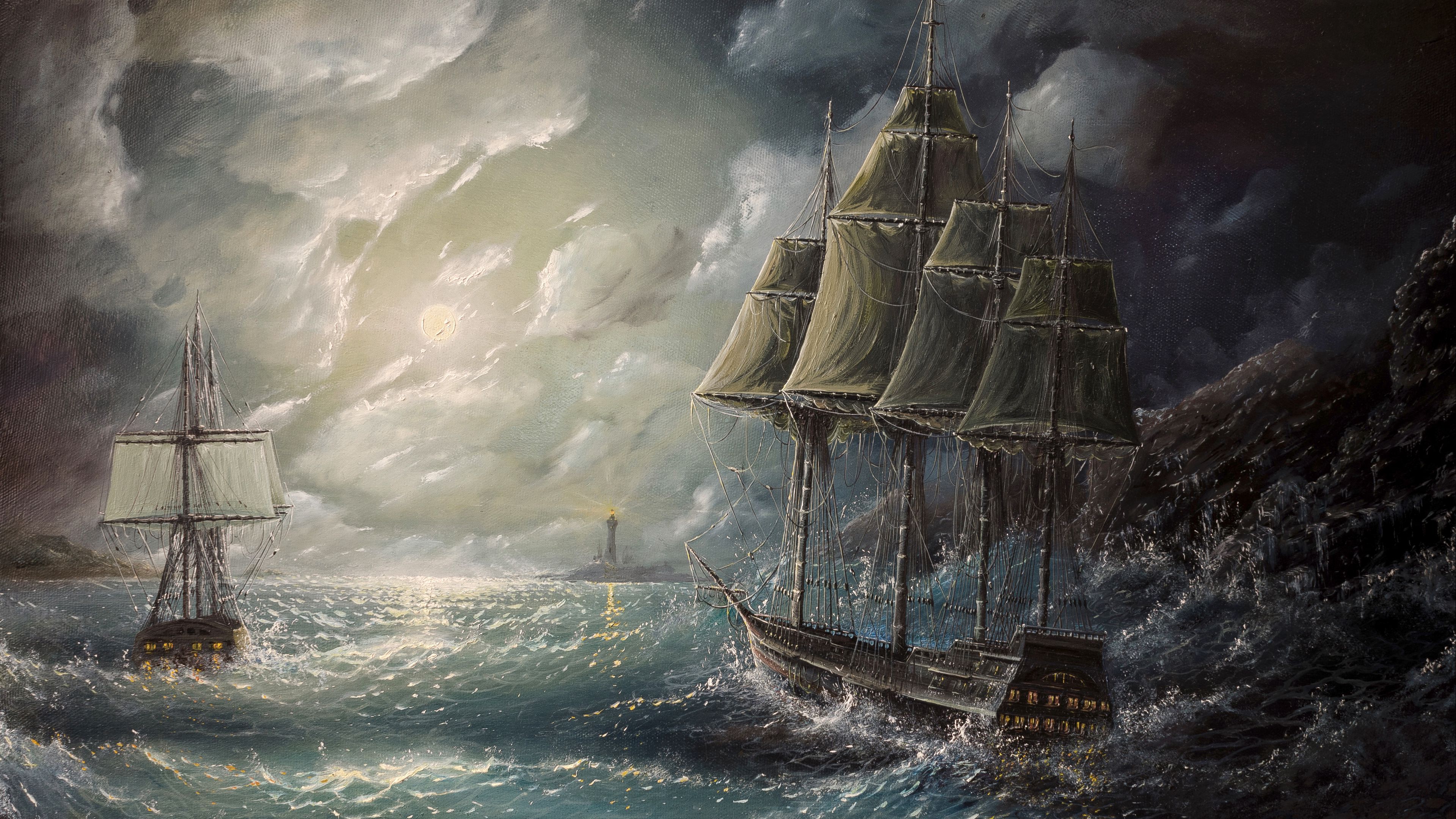 sea, sail, drawing, art, storm, 4k, HD Wallpaper