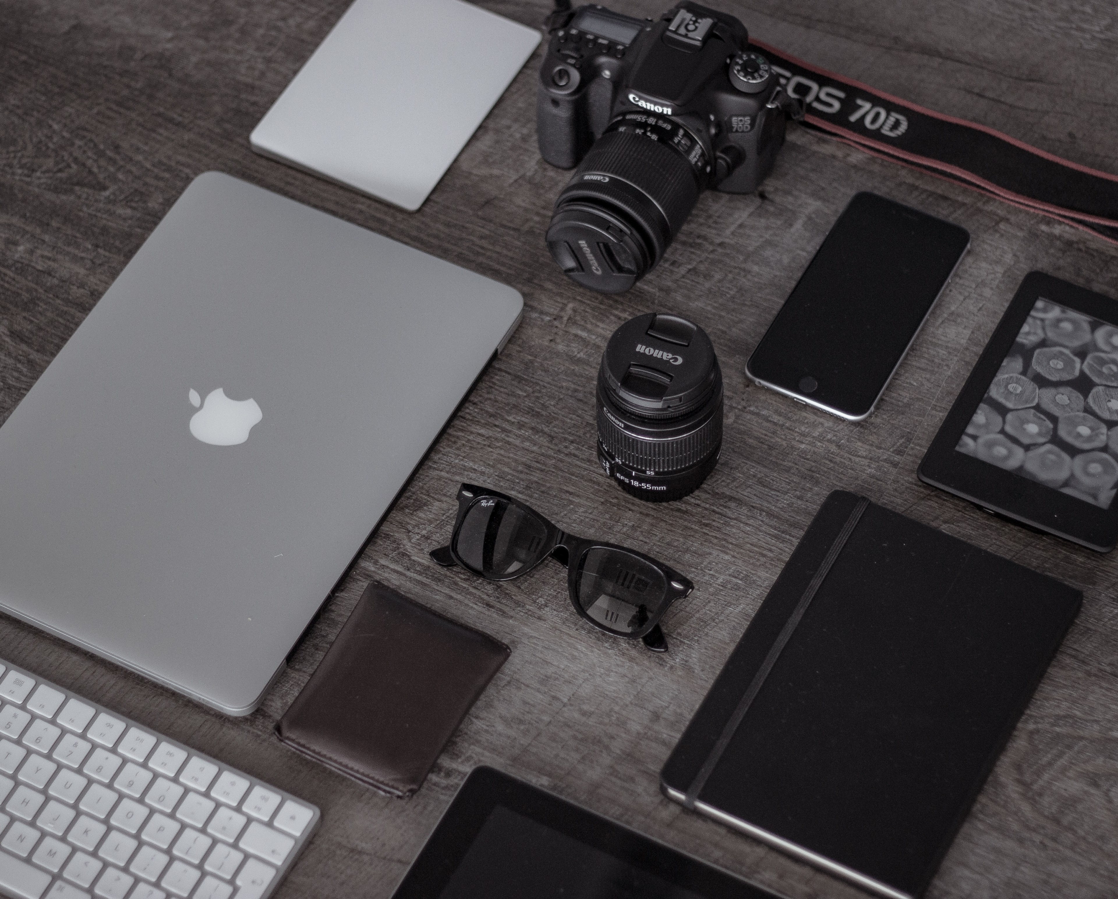 a flatlay with a long lens camera a macbook an iphone a kindle and a notebook, laptop camera phone notebook 4k, HD Wallpaper