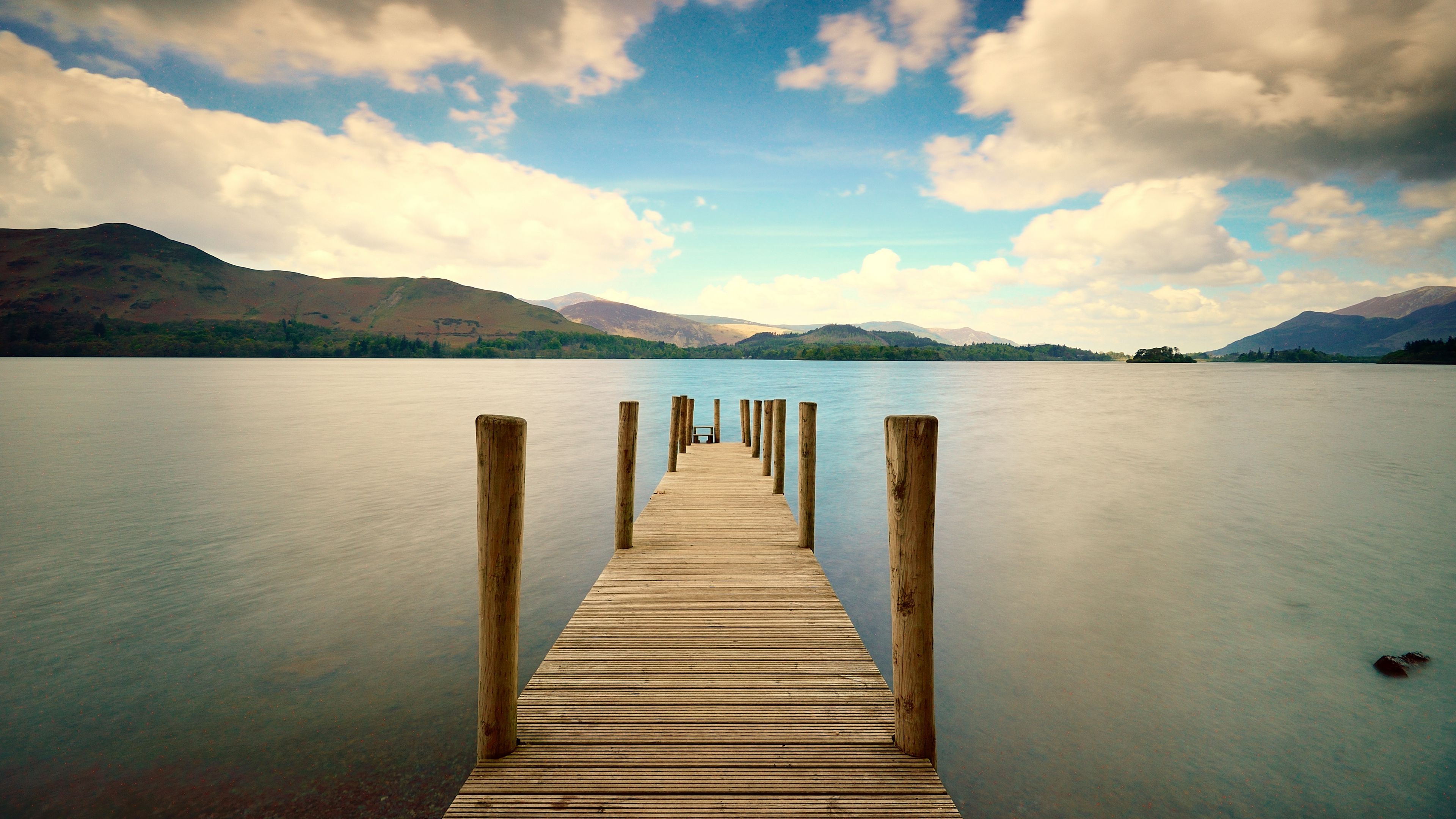 pier, river, mountain, distance, sky, 4k, HD Wallpaper