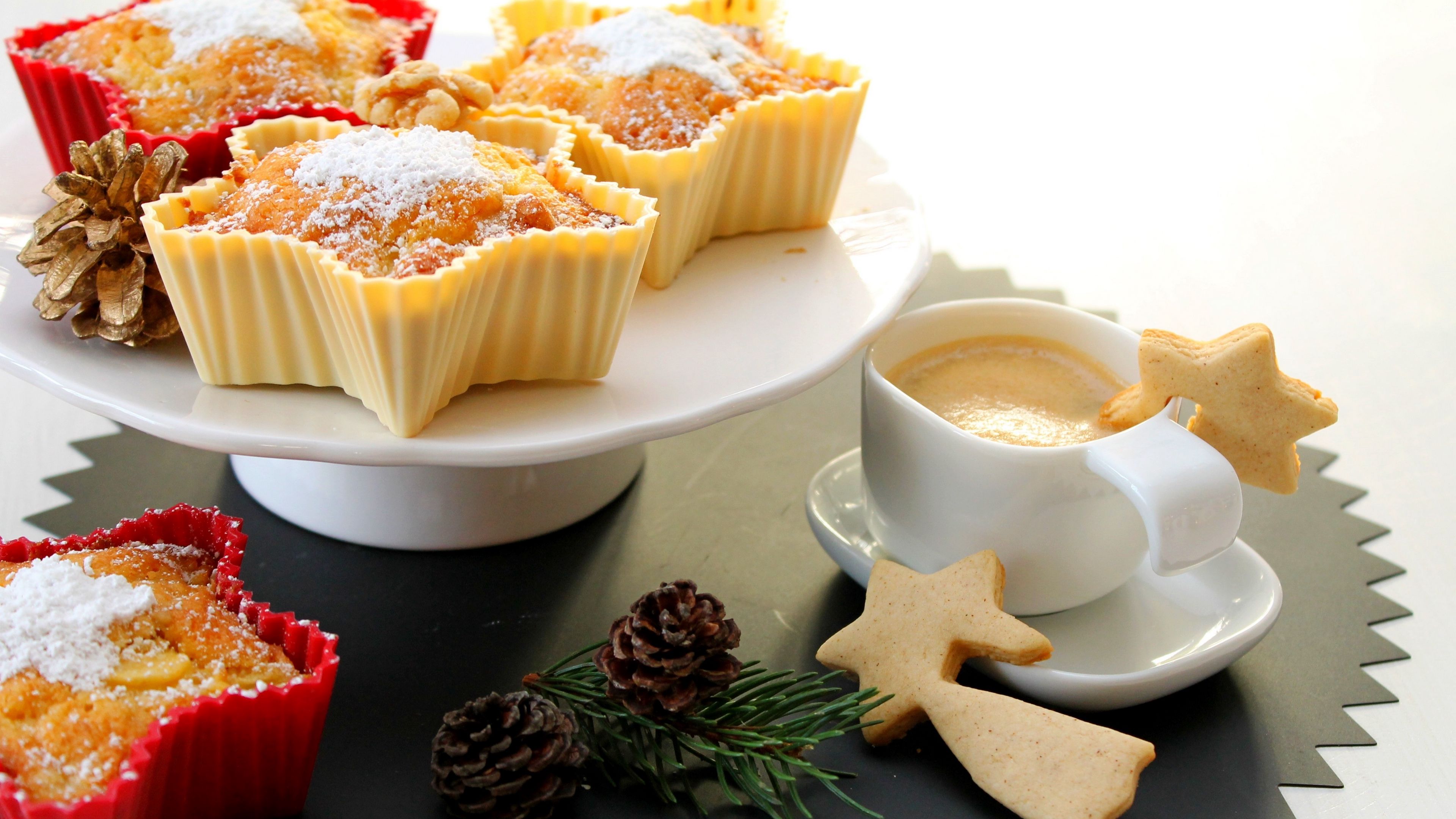 cakes, coffee, pine cones, christmas, 4k, HD Wallpaper