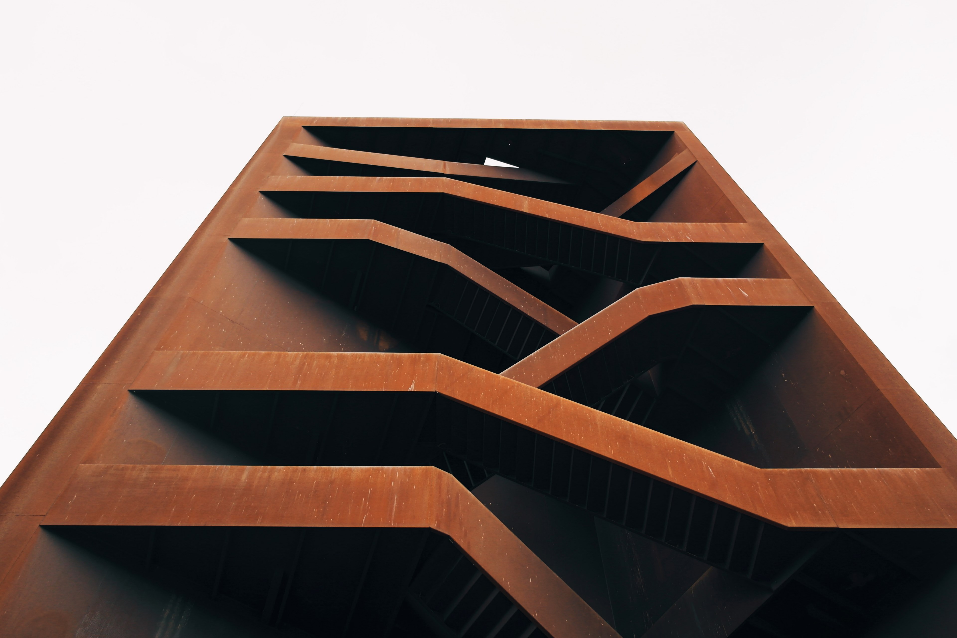 staircases in a tall metal structure, rusty staircases 4k, HD Wallpaper