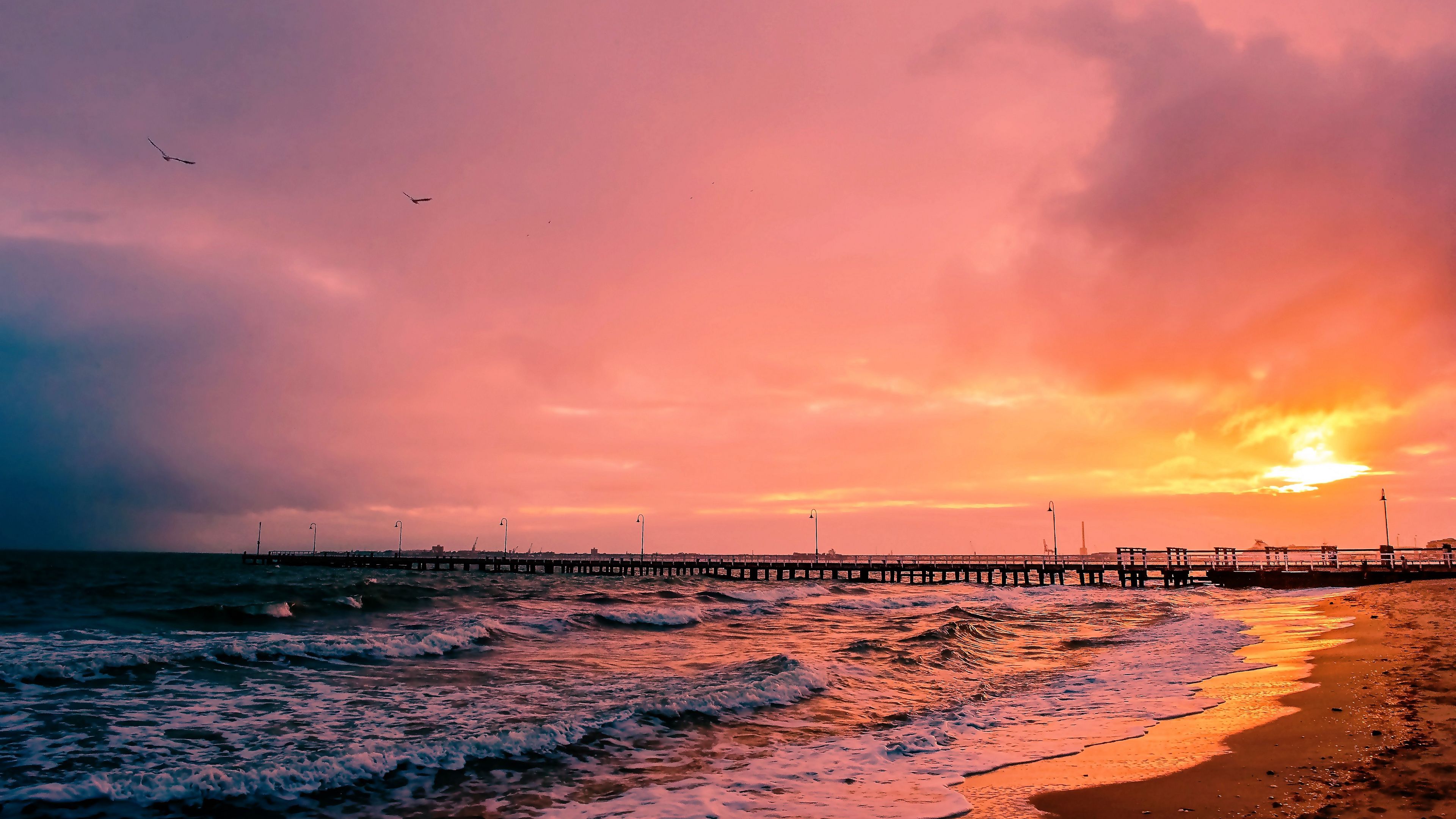 sunset, sea, sun, landscape, 4k, HD Wallpaper