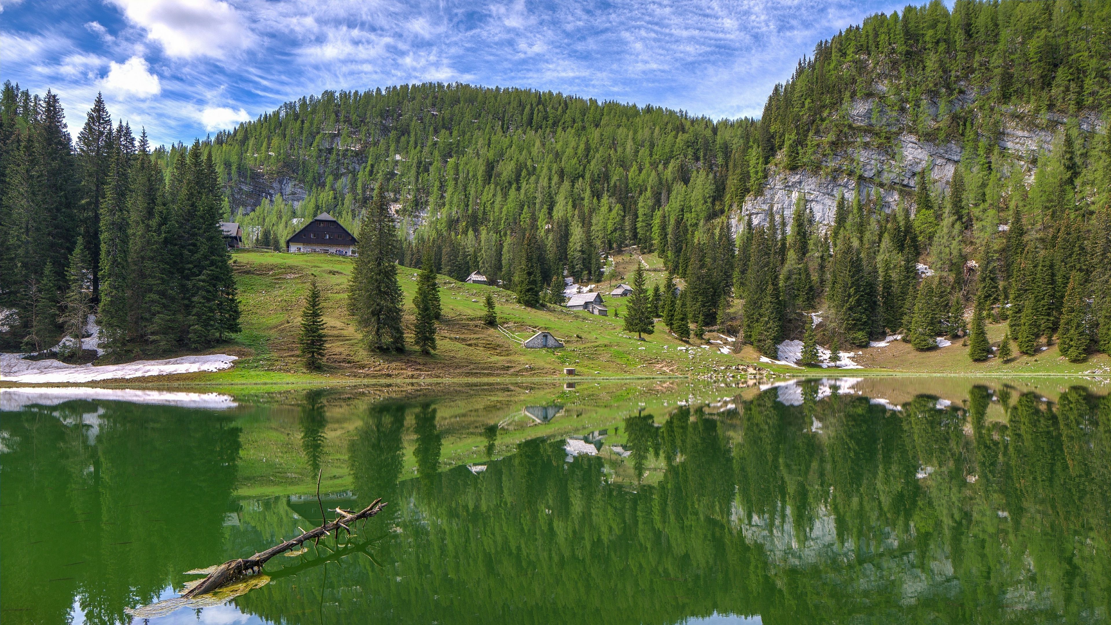 mountains, lake, reflection, trees, 4k, HD Wallpaper