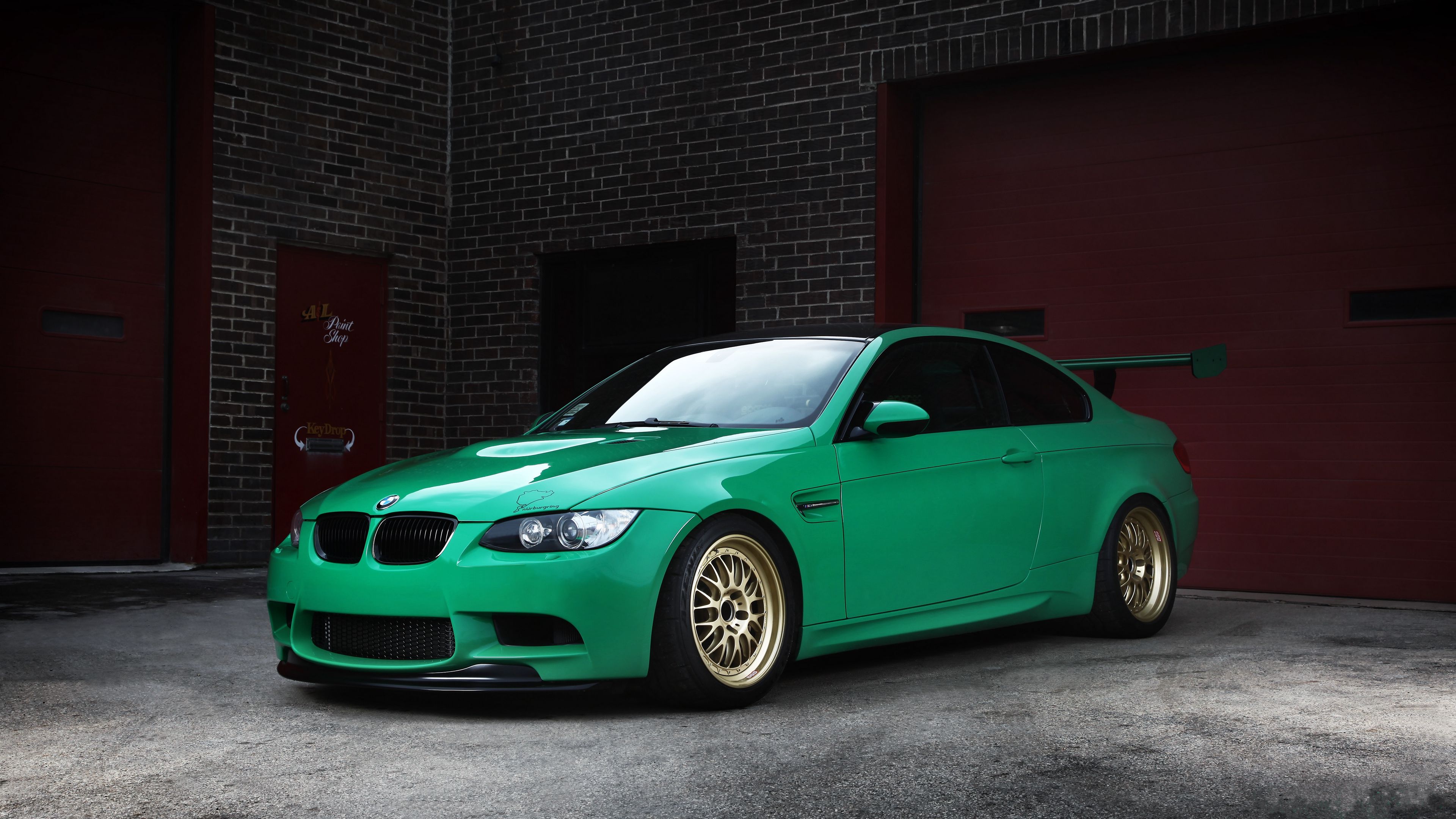 bmw, m3, e92, green, wheels, wing, brick walls, gates, 4k, HD Wallpaper