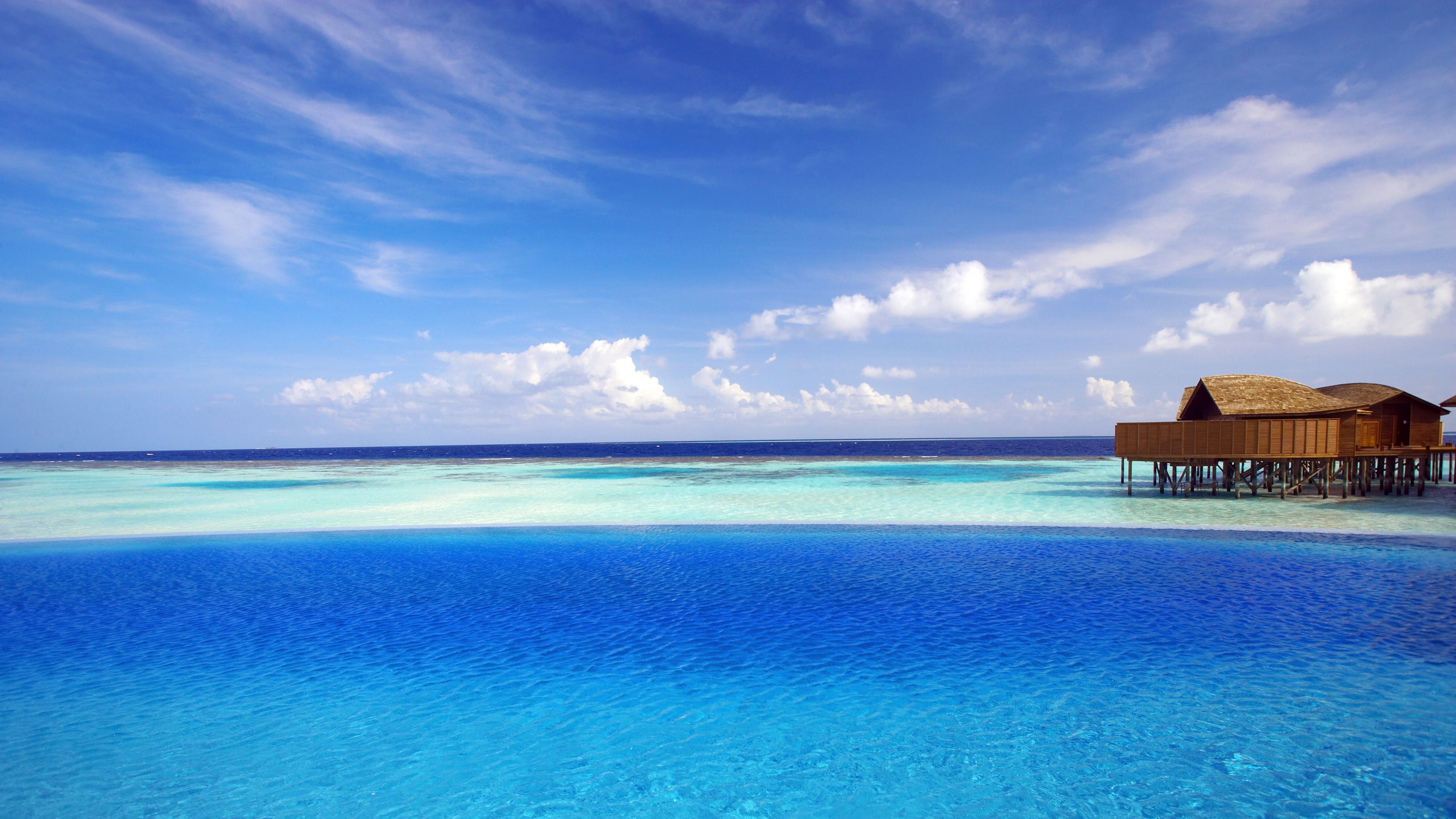 maldives, tropical, bungalows, ocean, 4k, HD Wallpaper
