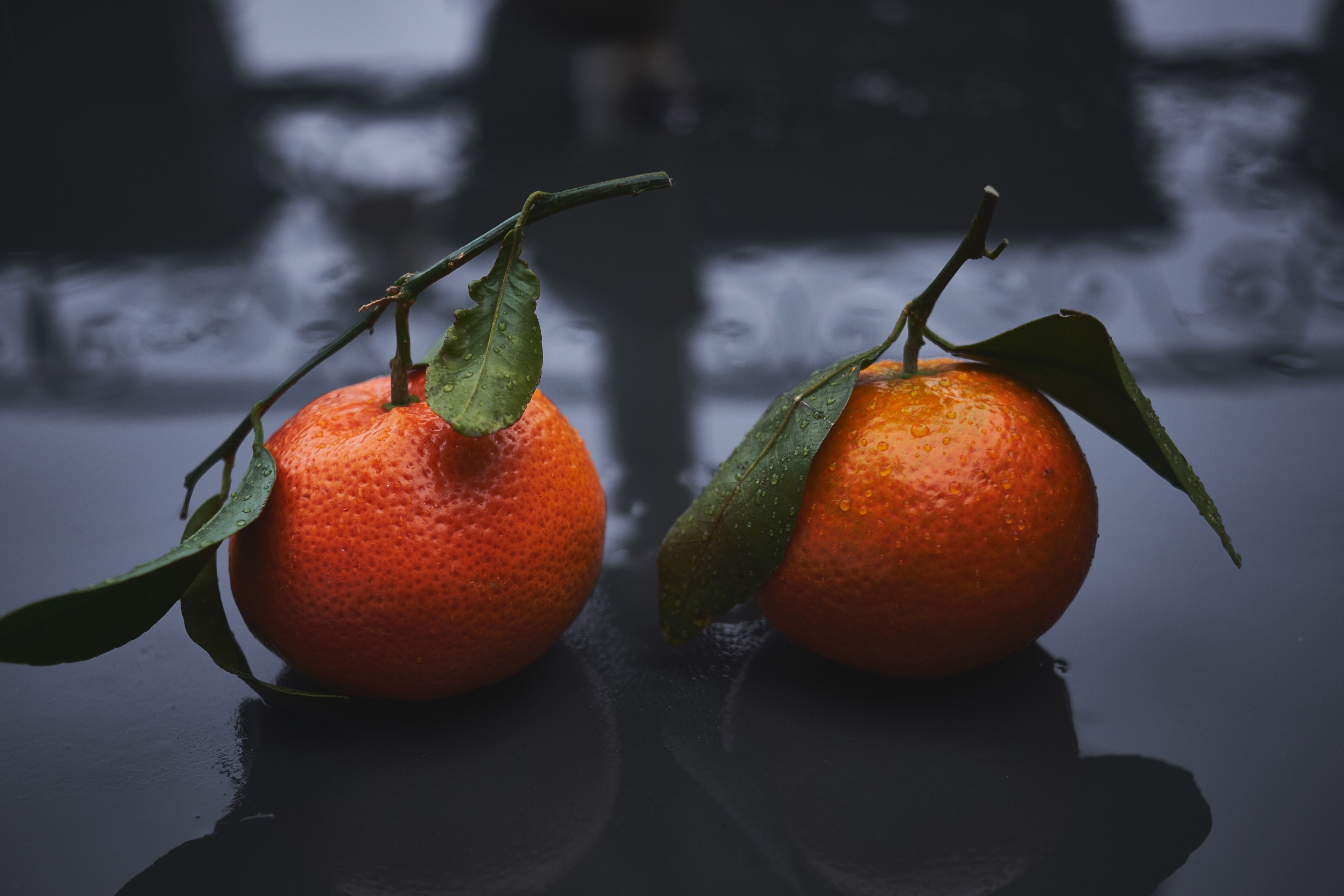 two mandarin oranges with the stem and leaves attached on a wet reflective surface, oranges on a wet surface 4k, HD Wallpaper