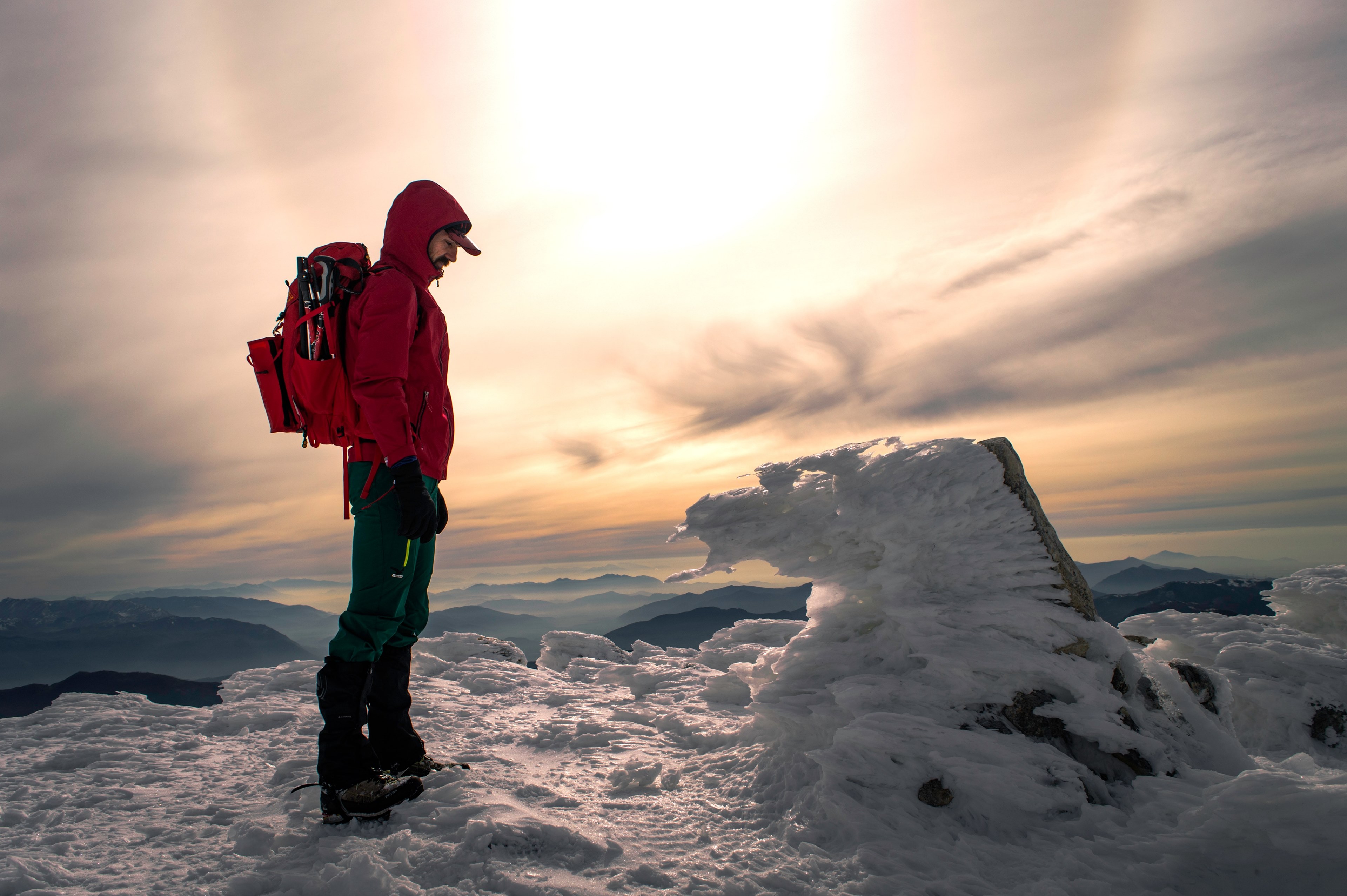 a man with a red jacket and backpack standing atop monti della meta in italy, let the mountains be you imeersive journey 4k, HD Wallpaper