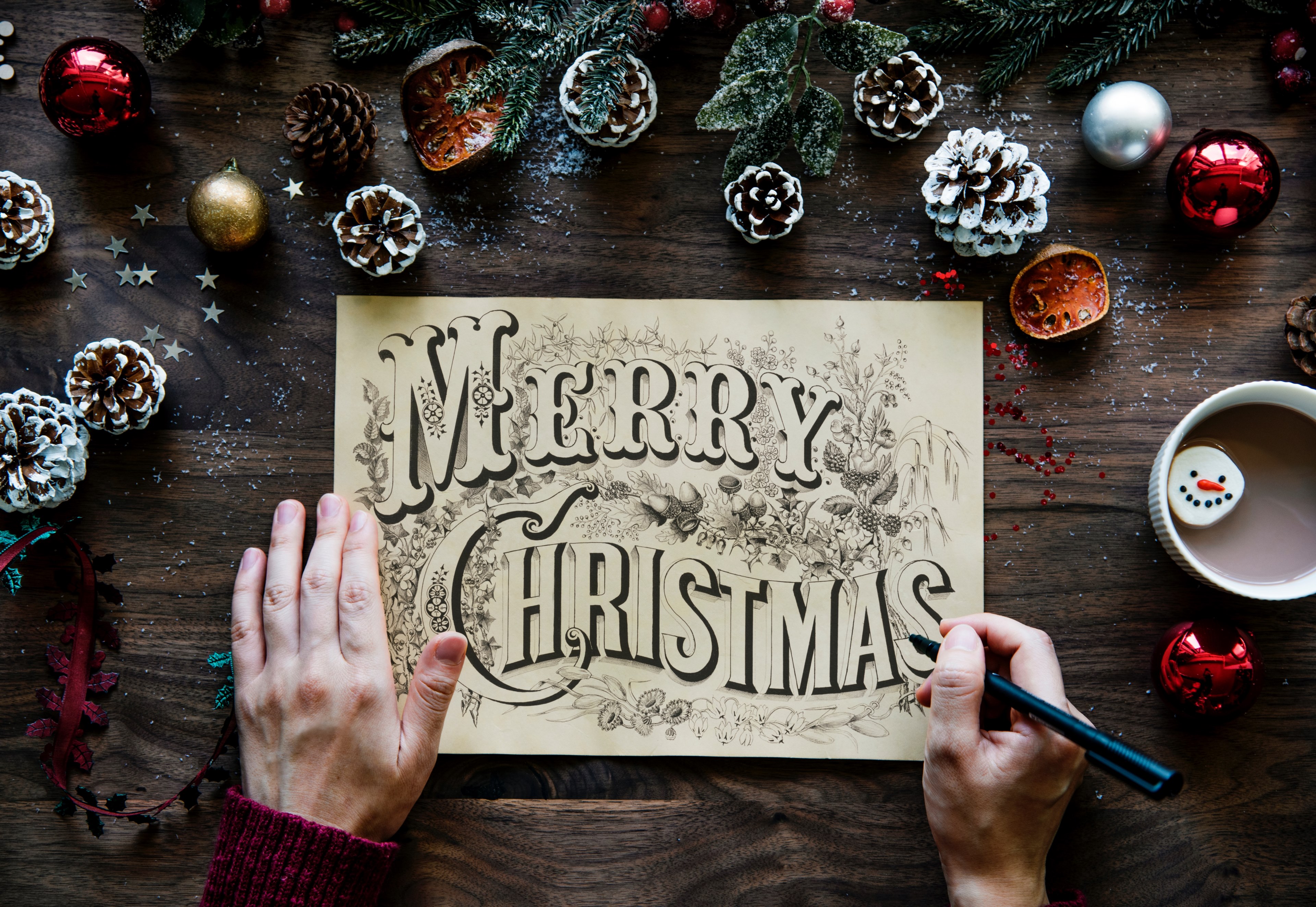 merry christmas card hot chocolate and marshmallow 4k, HD Wallpaper