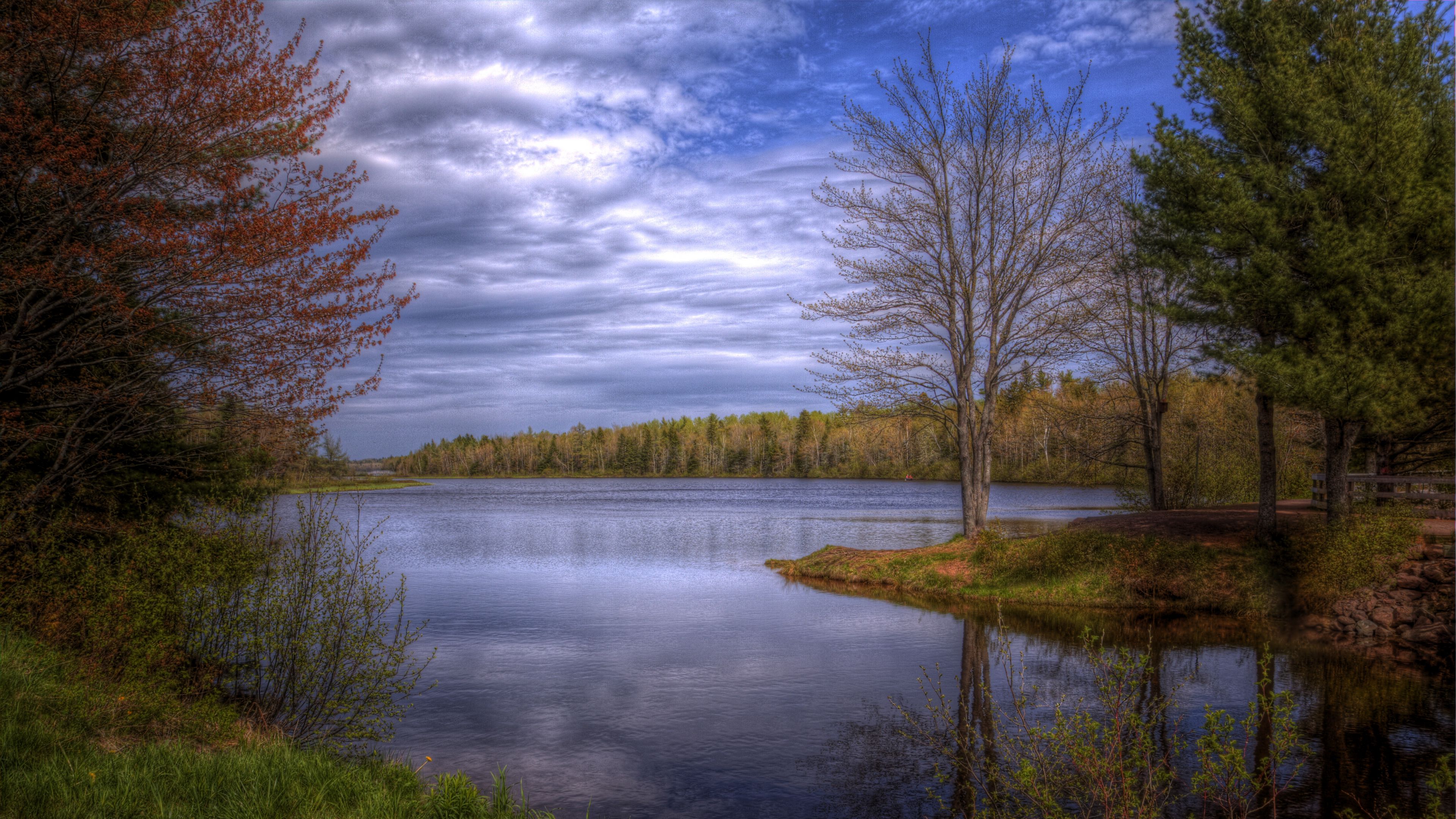 lake, trees, sky, landscape, hdr, 4k, HD Wallpaper