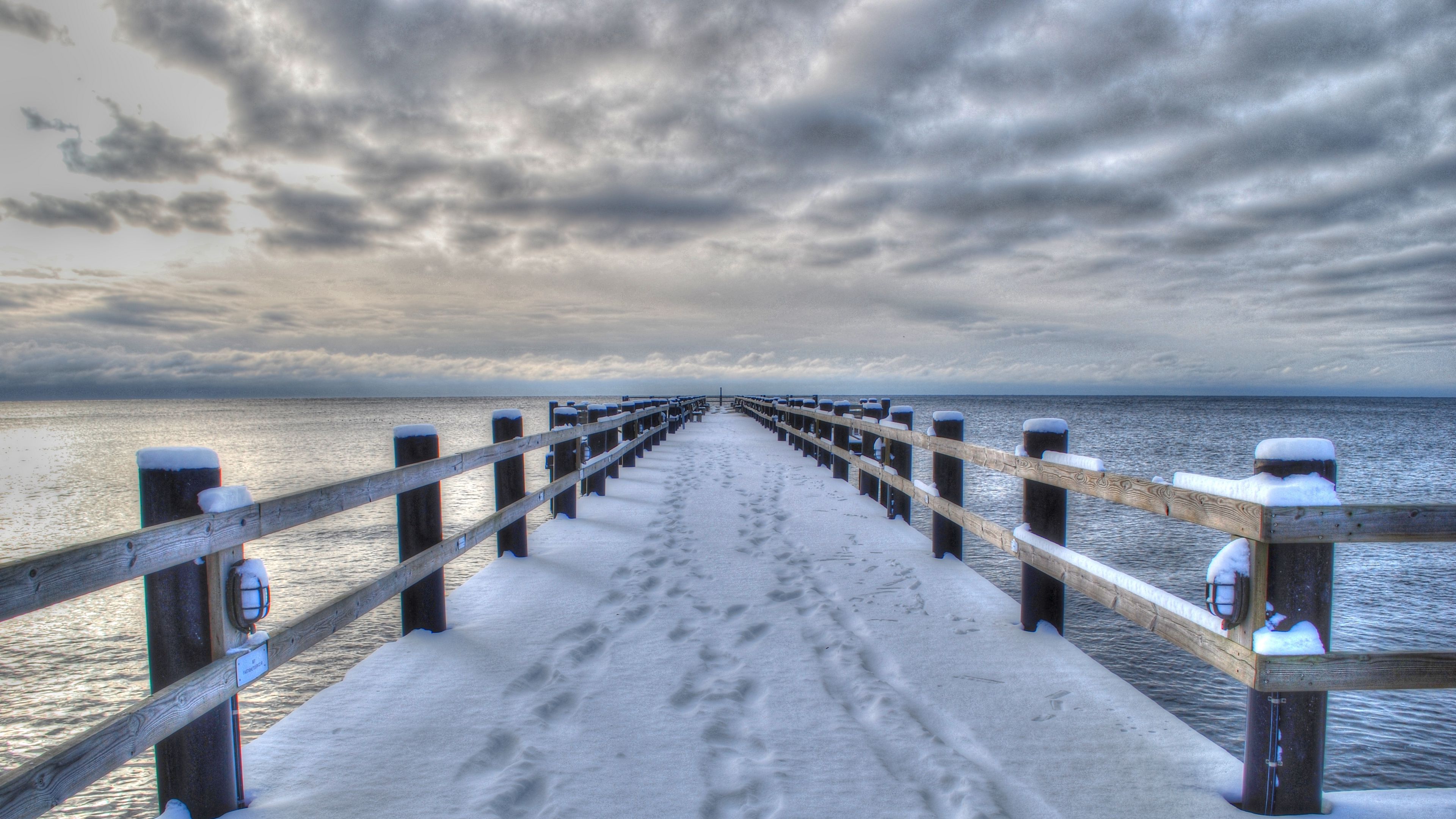 sea, winter, bridge, landscape, 4k, HD Wallpaper