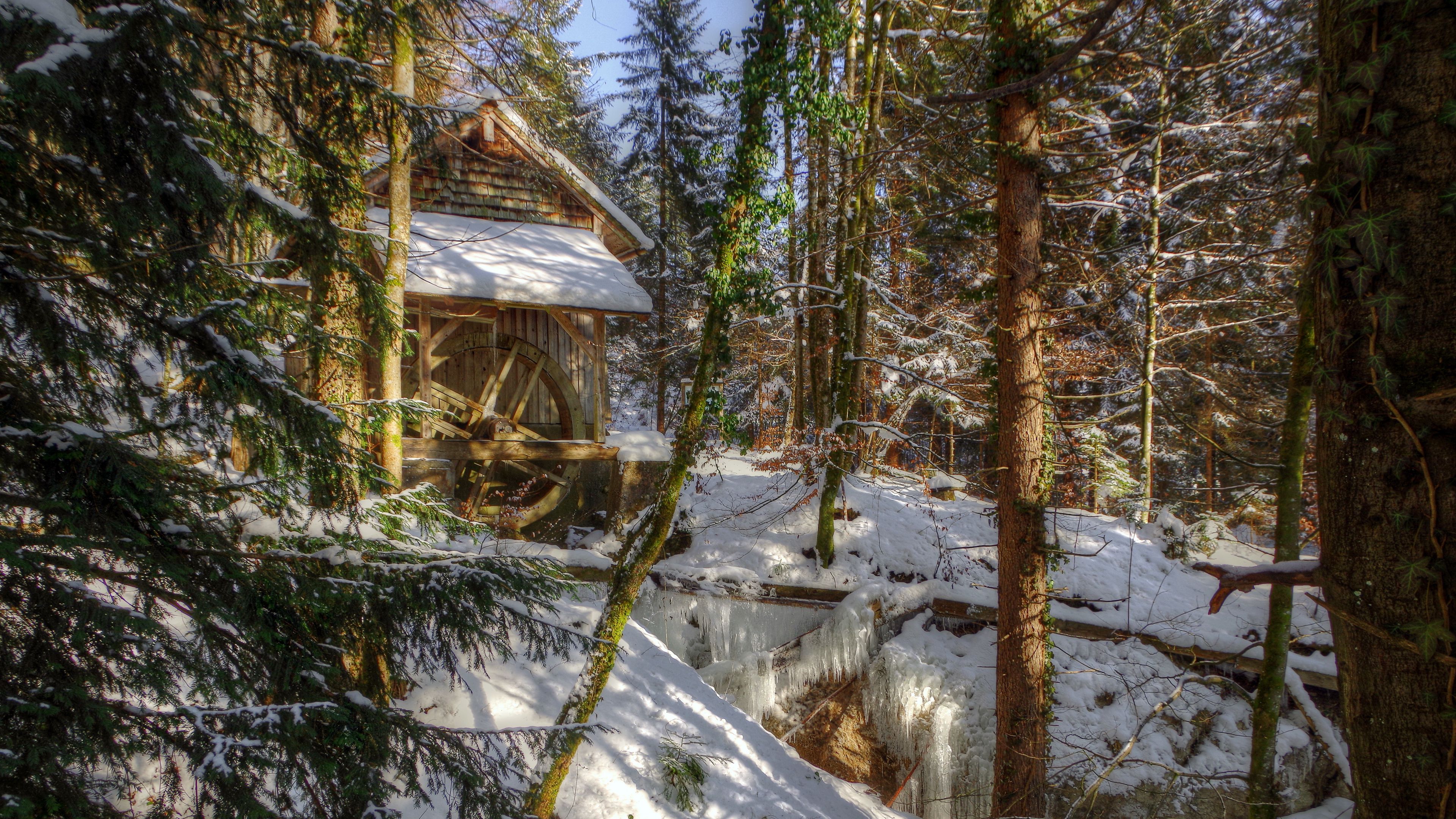winter, forest, river, mill, landscape, 4k, HD Wallpaper