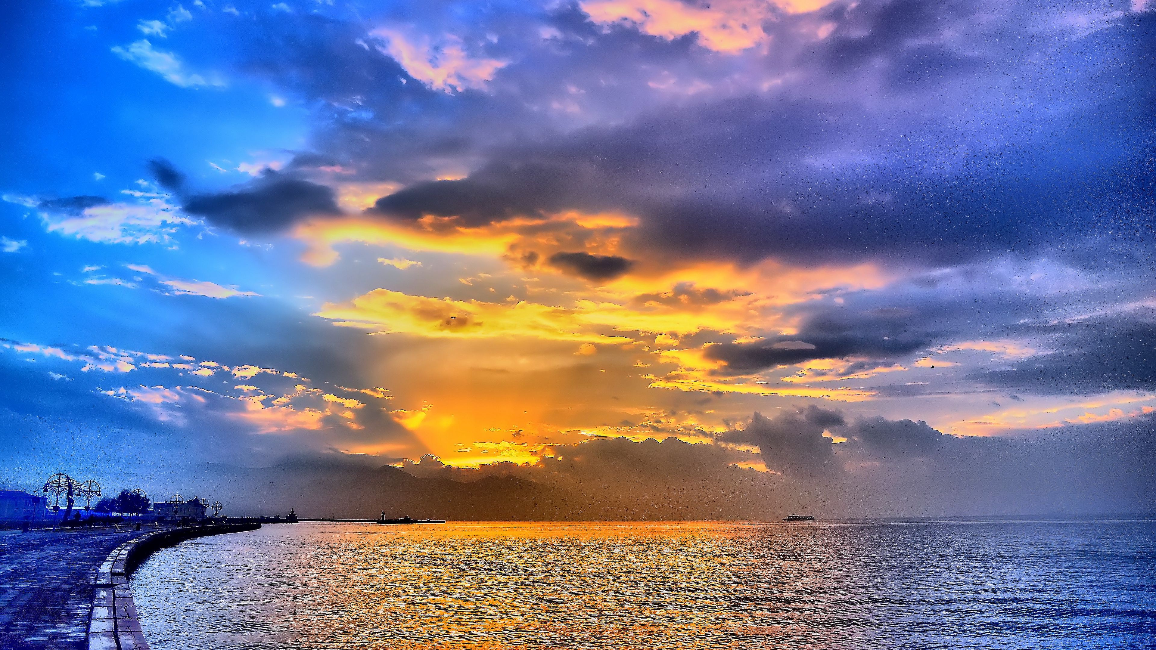 sunset, sea, beach, landscape, 4k, HD Wallpaper