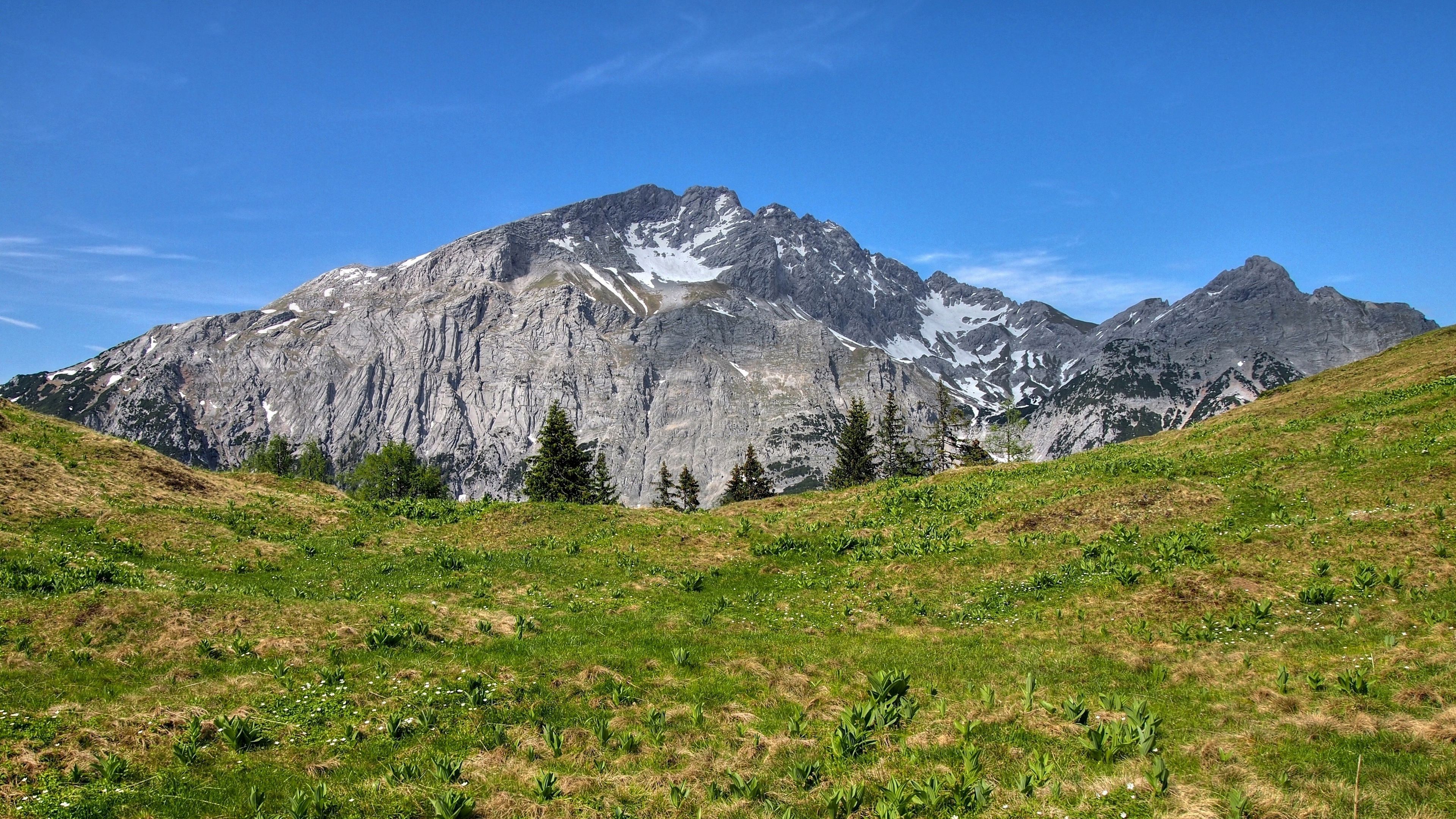 mountains, grass, sky, landscape, 4k, HD Wallpaper