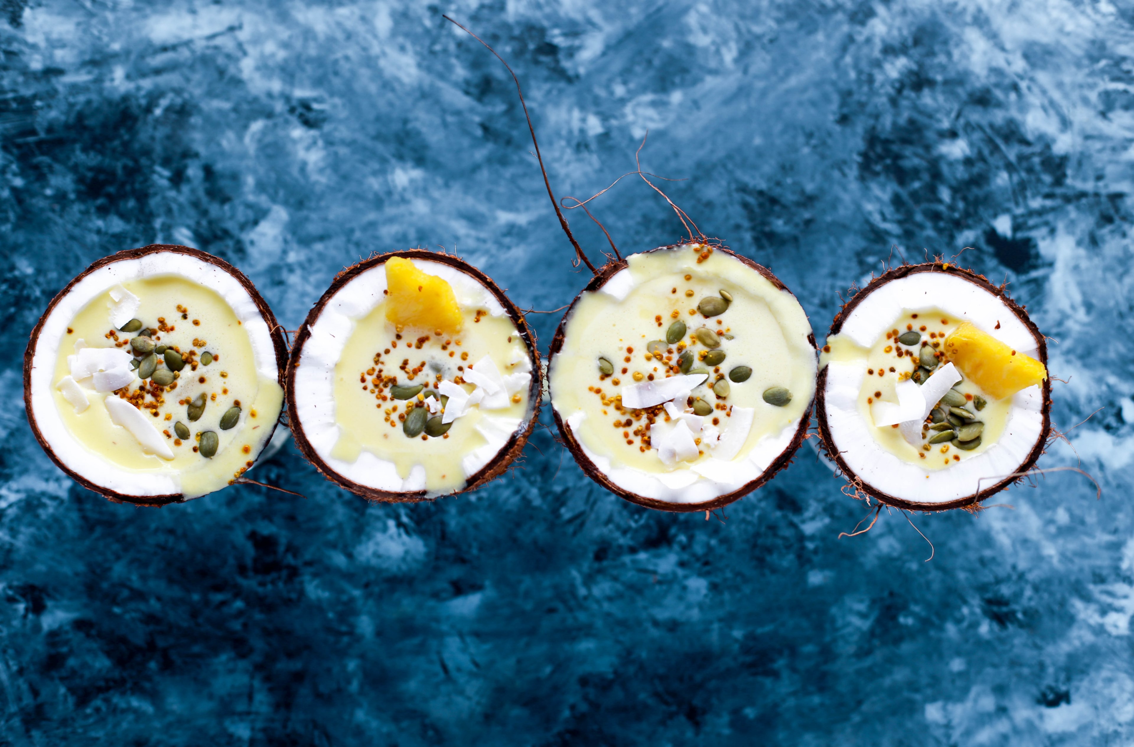 pina colada served in coconuts 4k, HD Wallpaper
