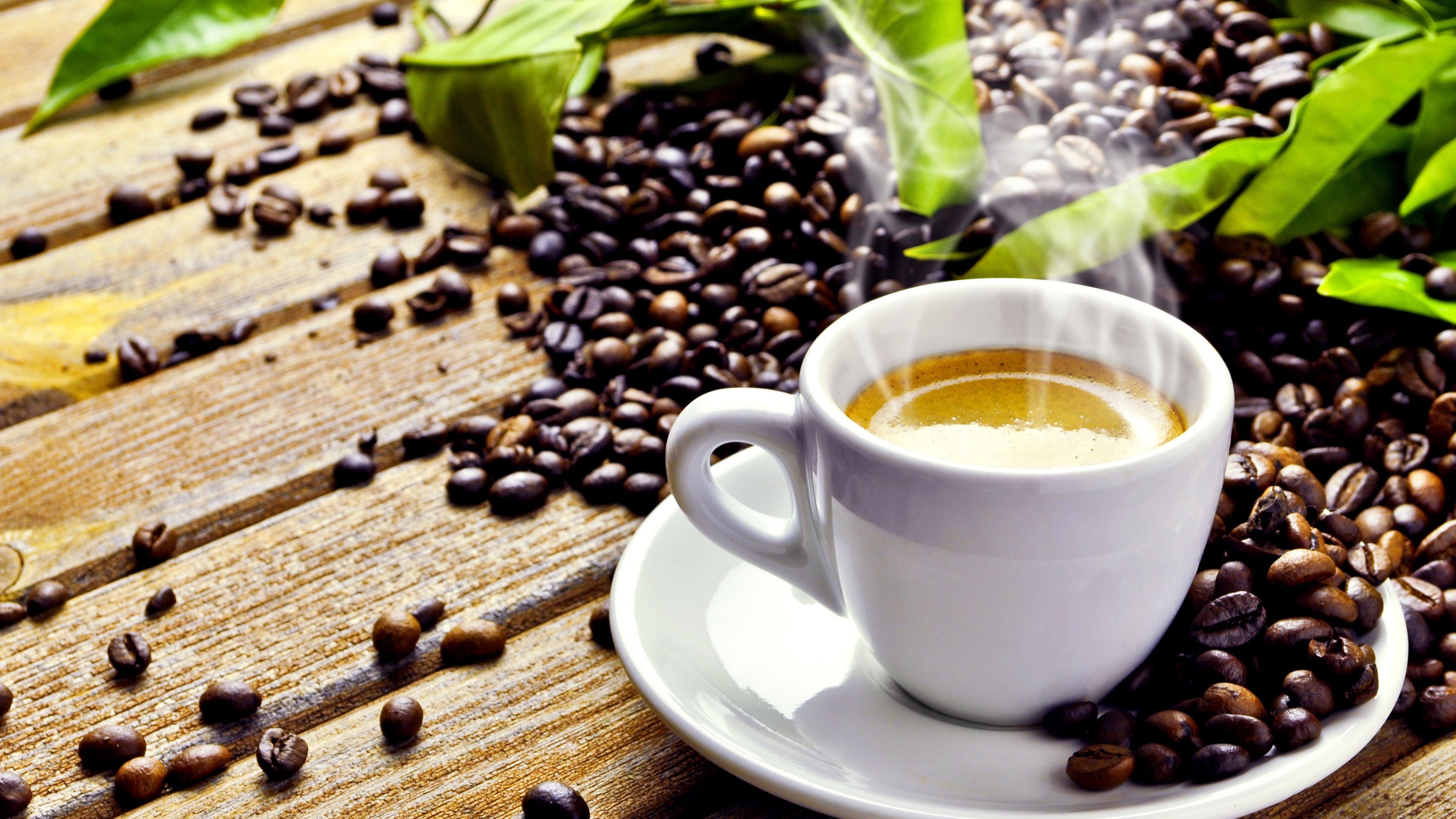 table, grains, leaves, saucer, cup, coffee, foam, smoke, drink, 4k, HD Wallpaper