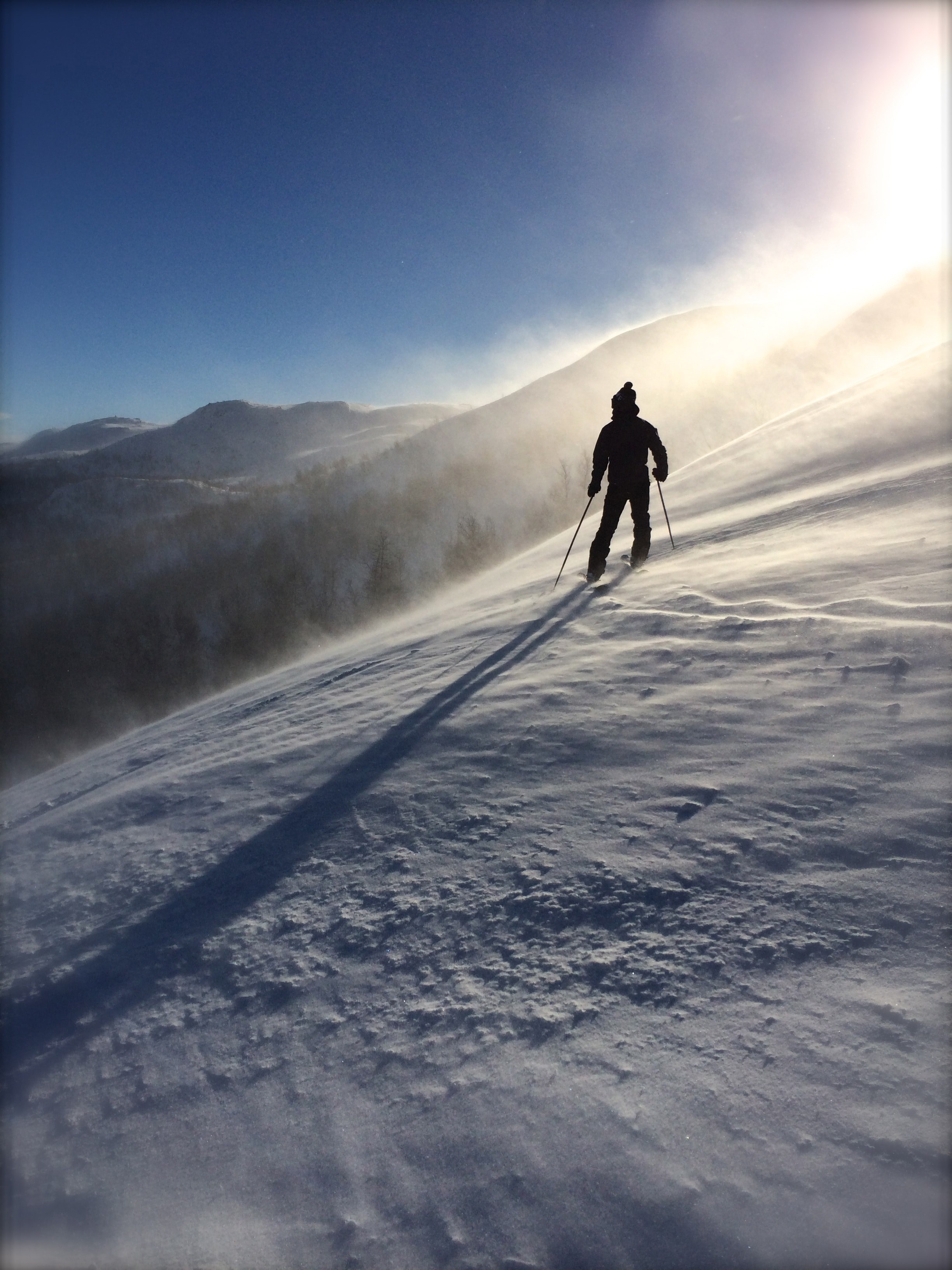 a silhouette of a skier going down a sunny snow slope, skier on sunny slope 4k, Phone HD Wallpaper