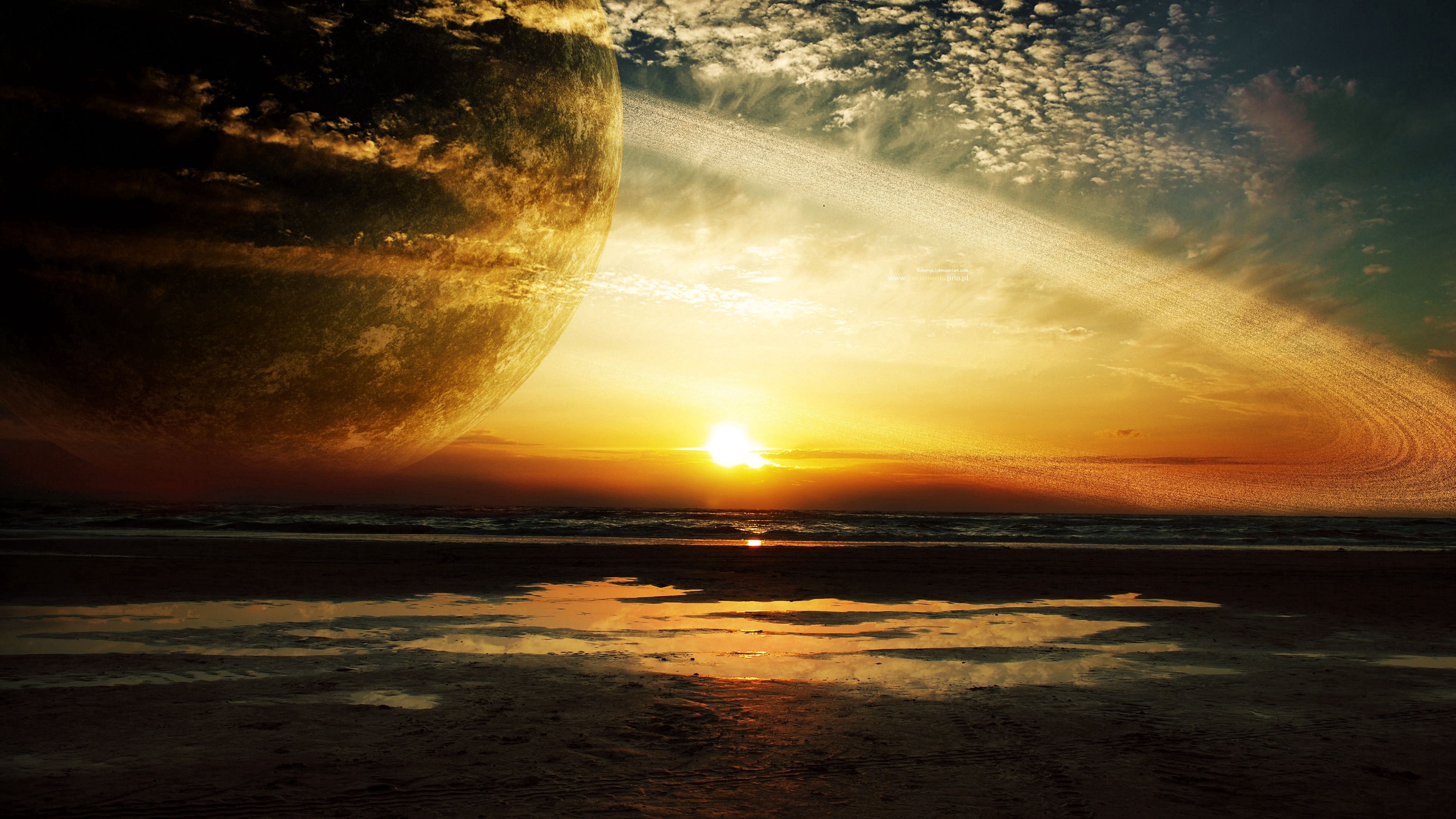 sunset, sea, rings, planet, 4k, HD Wallpaper