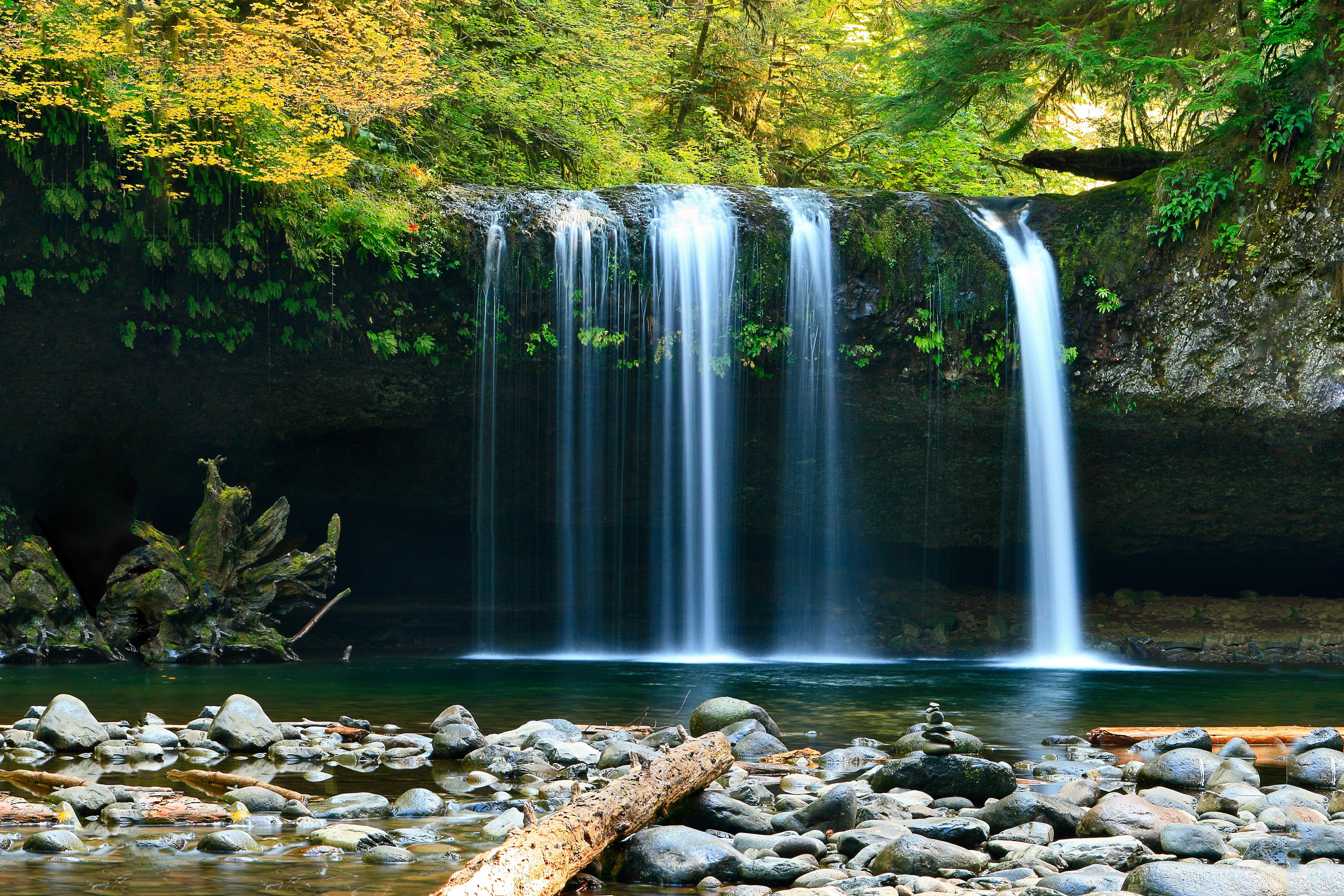 a series of cascades of a waterfall pouring down into a rocky pond, peaceful waterfall 4k, HD Wallpaper