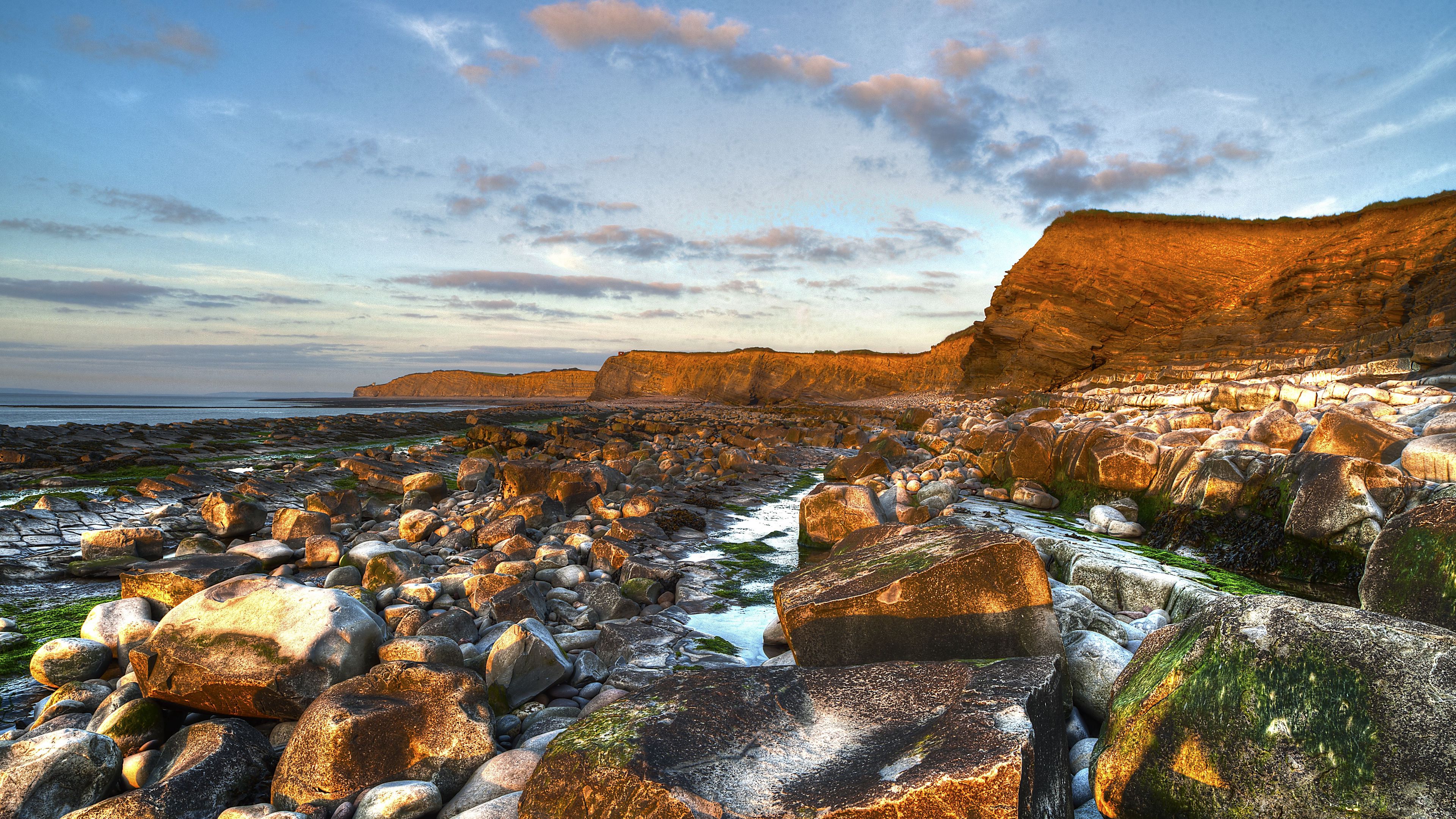 sea, beach, rocks, landscape, 4k, HD Wallpaper