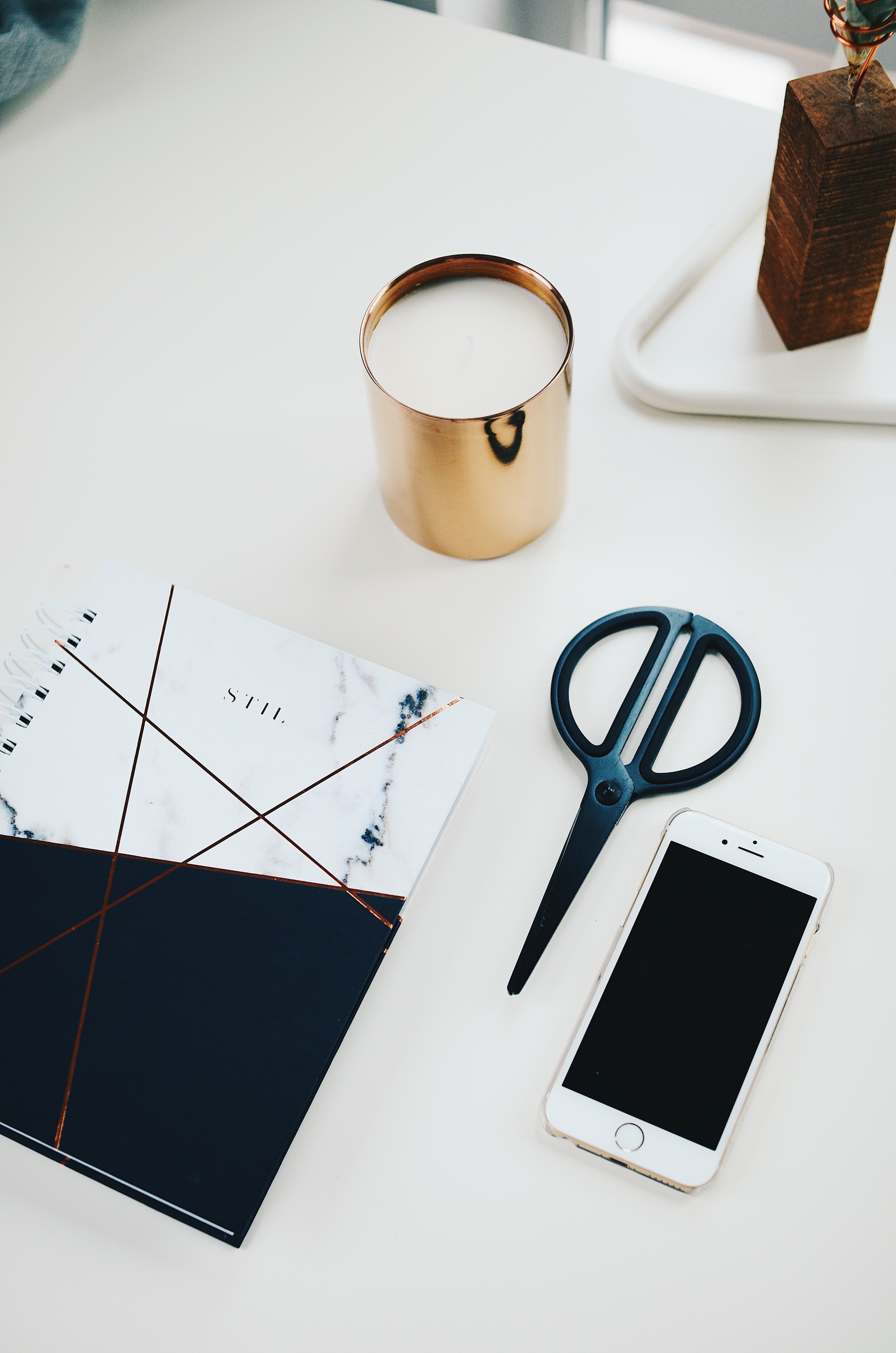 workspace flatlay with scissors candles and notebook, planner flatlay 4k, Phone HD Wallpaper