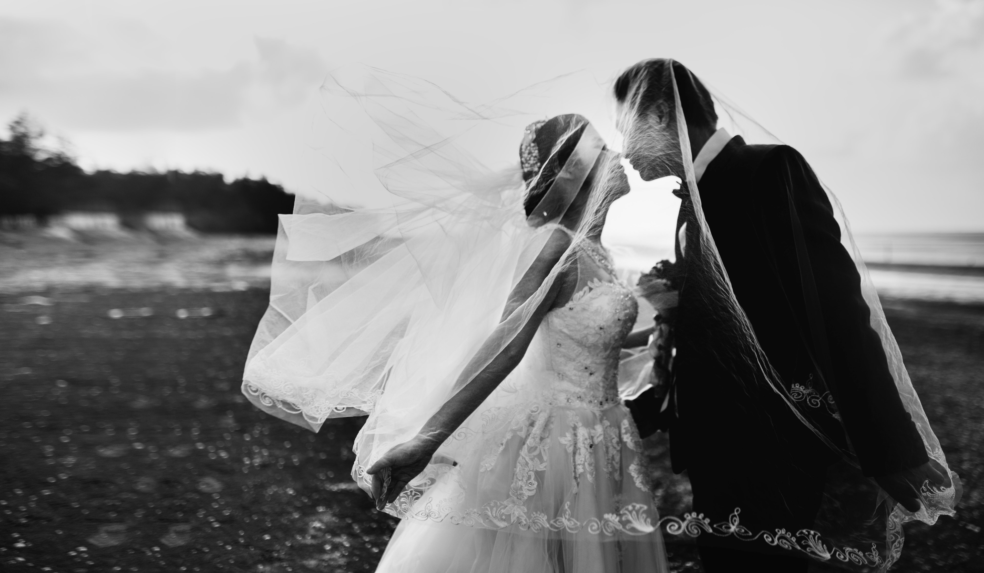 black and white photo of a brides veil flying up over her new husband as they kiss, windy wedding on a beach 4k, HD Wallpaper