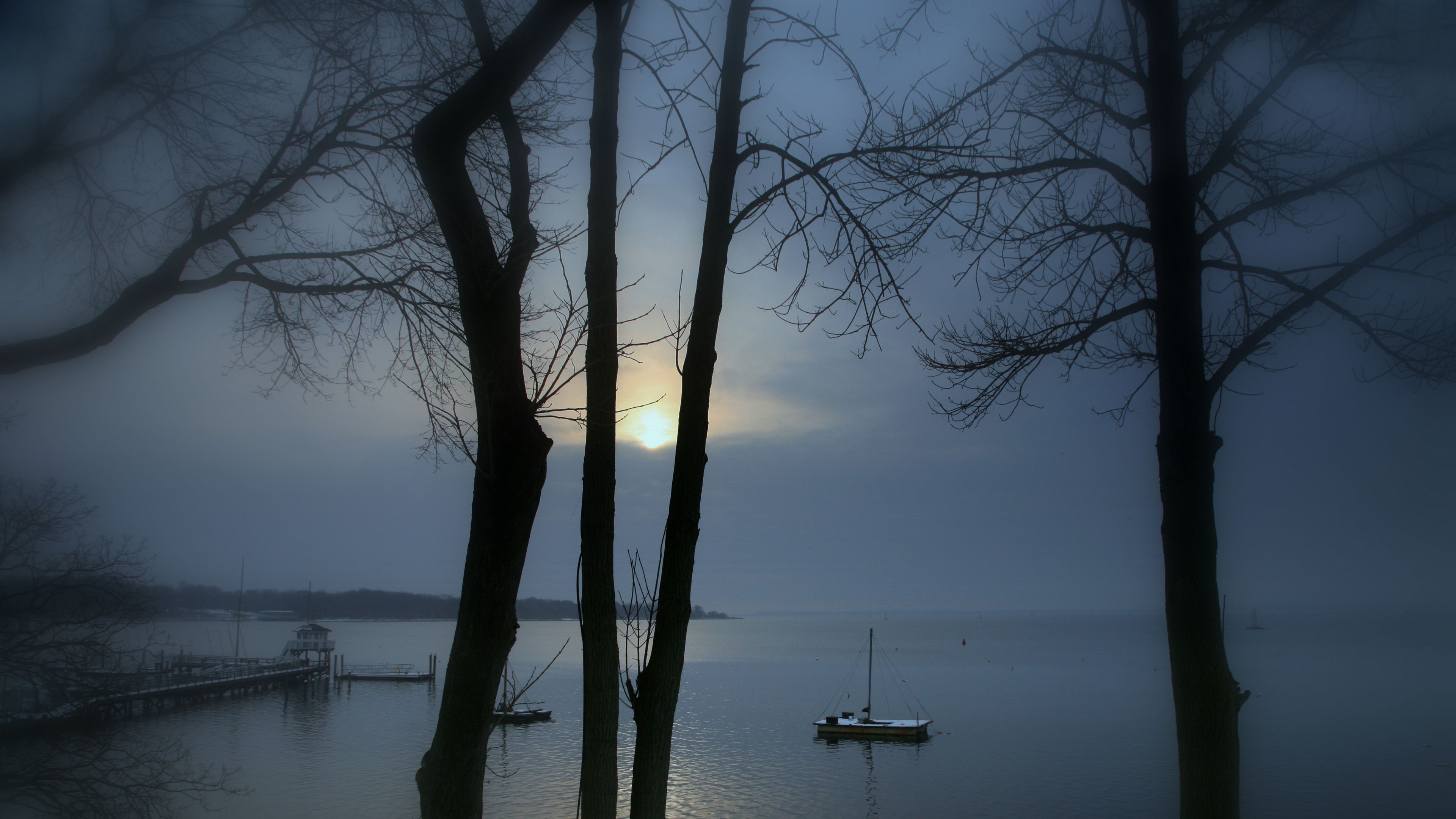 sunset, lake, mist, landscape, 4k, HD Wallpaper