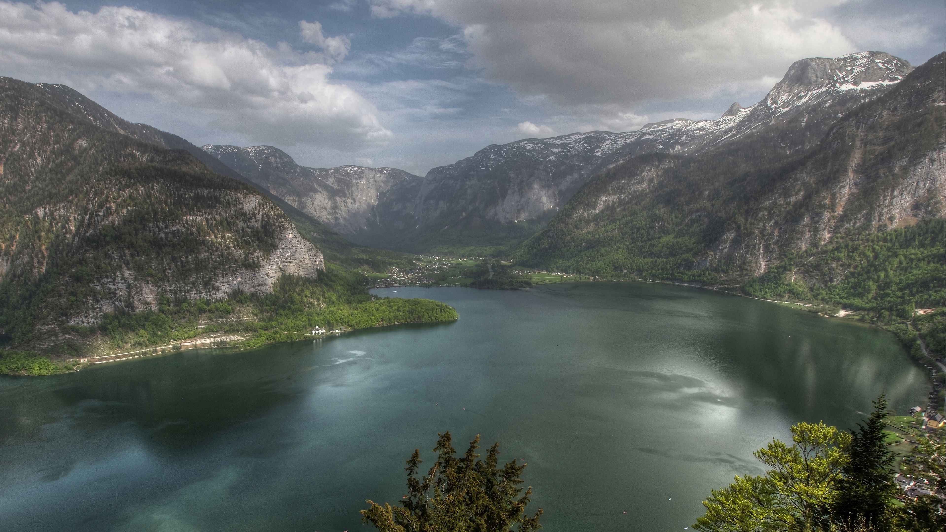 mountain, lake, city, landscape, 4k, HD Wallpaper