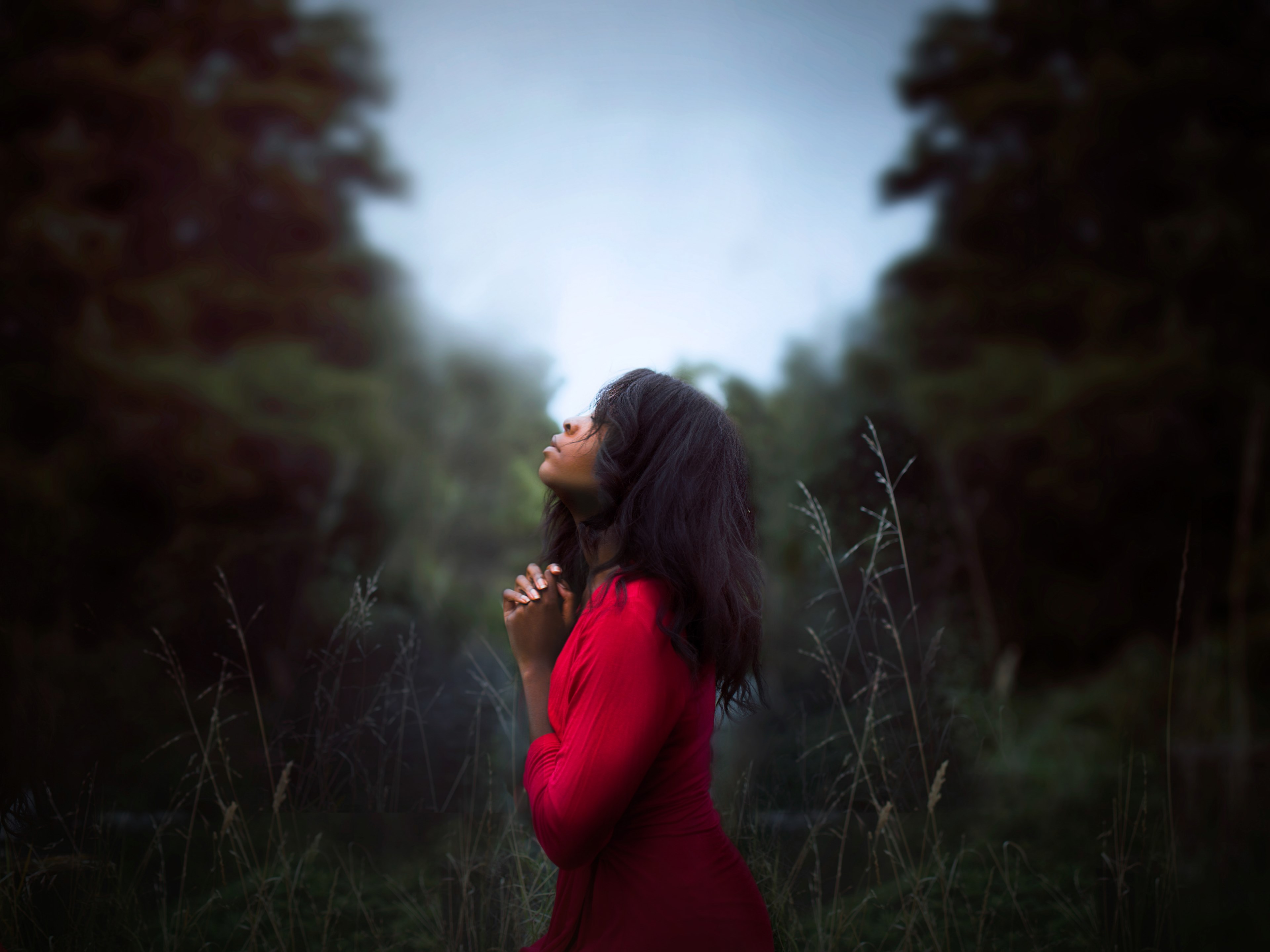 pensive woman standing in a field praying and thinking, going to the river to pray 4k, HD Wallpaper