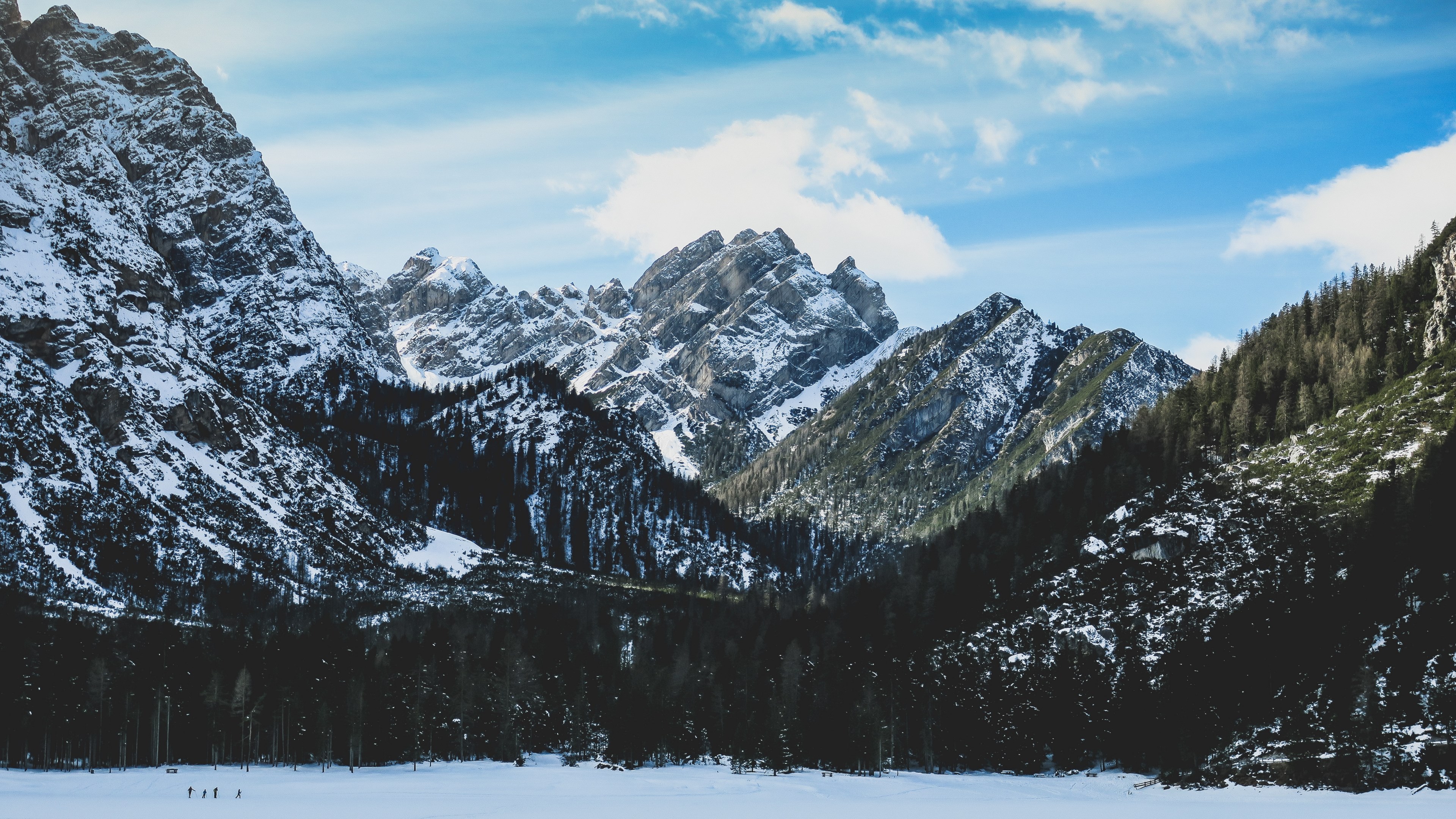 a wintry scenery with craggy mountain crests and wooded slopes near lago di braies, day 12 unsplashdaily 4k, HD Wallpaper