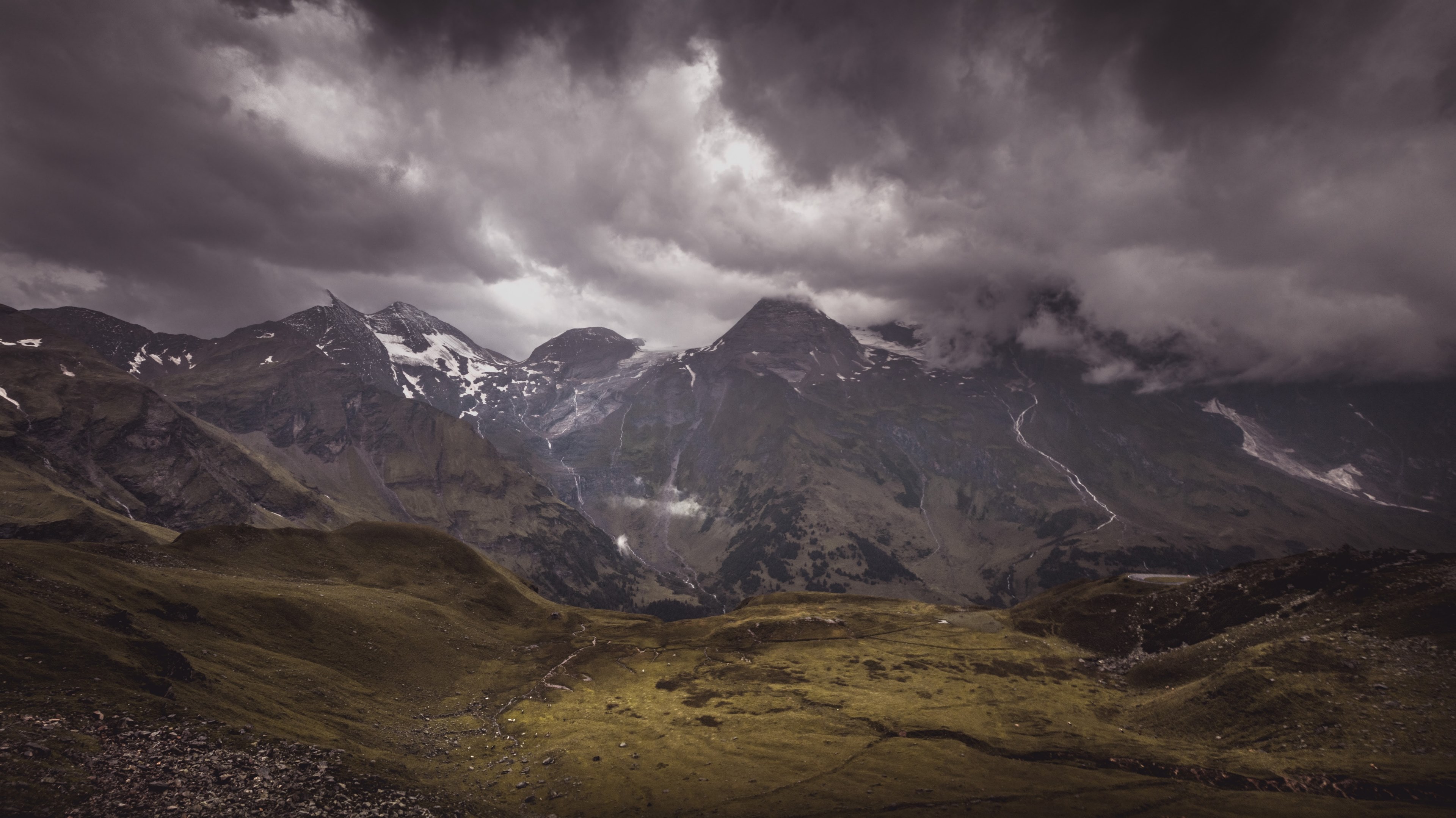 a snow topped mountain massif under dense clouds, find waldo find the cows edition 4k, HD Wallpaper