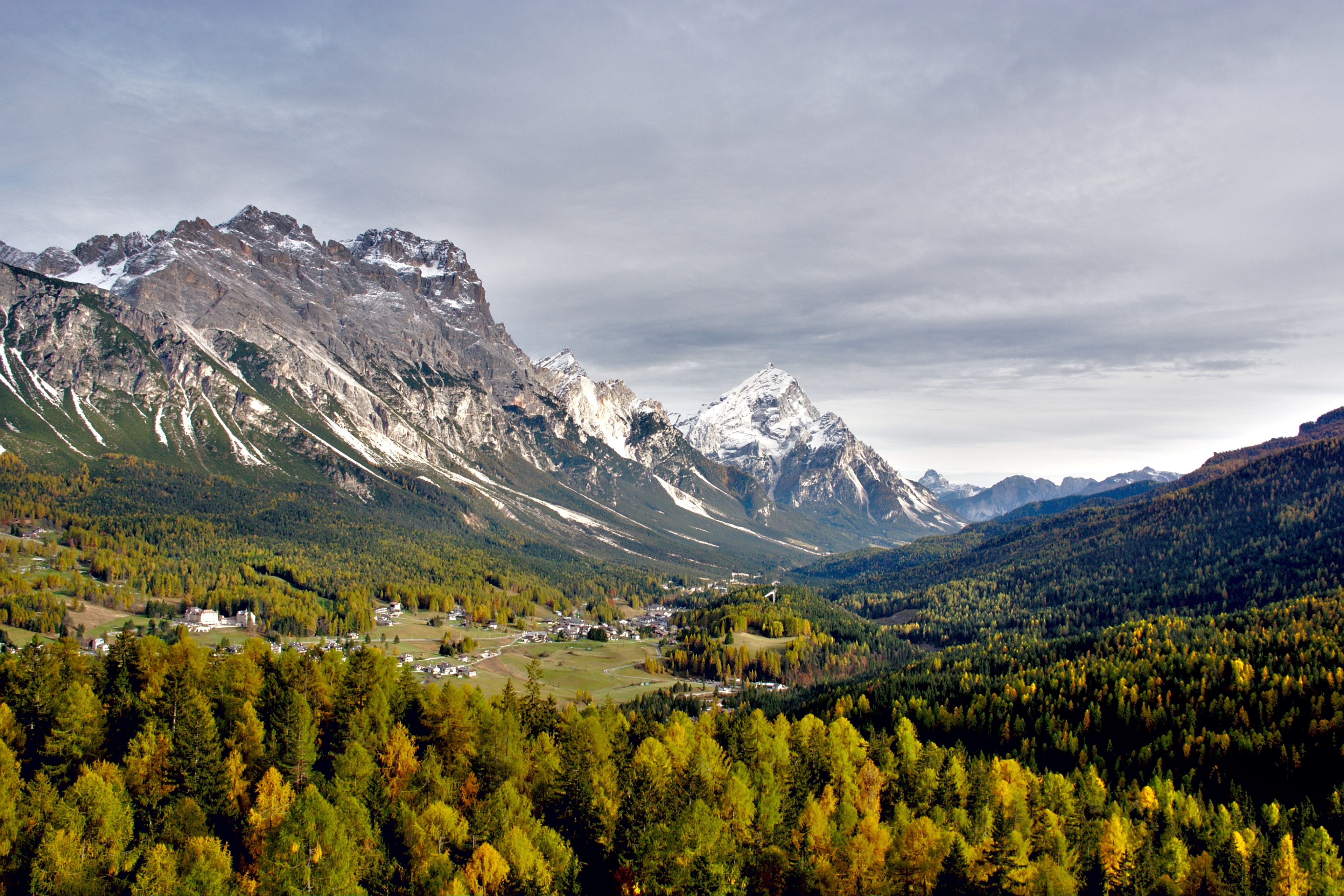 a forest of trees next to the snow covered mountain tops with a gray cloudy sky in passo giau, _forest of trees next to passo giau 4k, HD Wallpaper