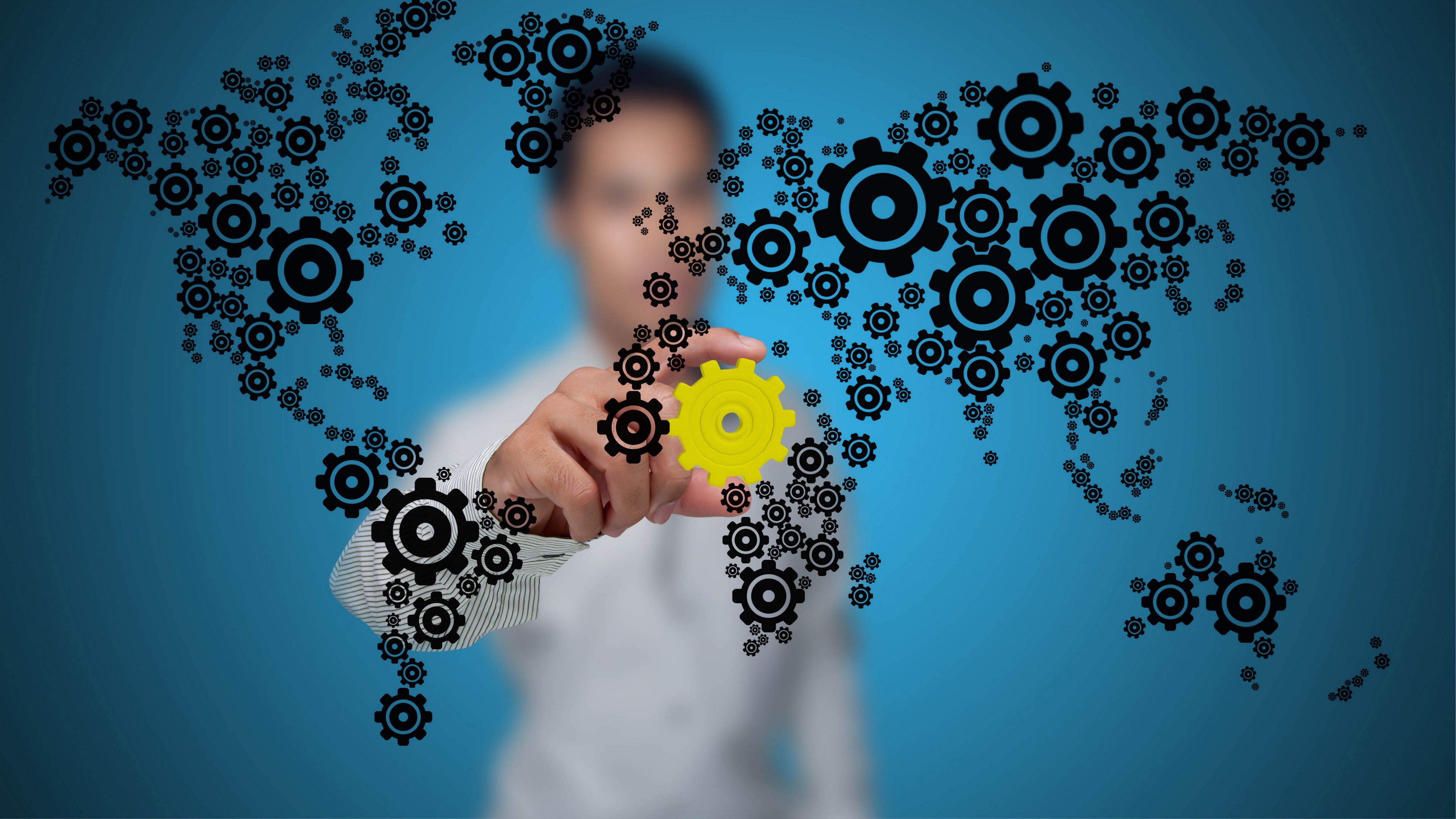 mechanism, system, gears, planet, map, man, hands, 4k, HD Wallpaper