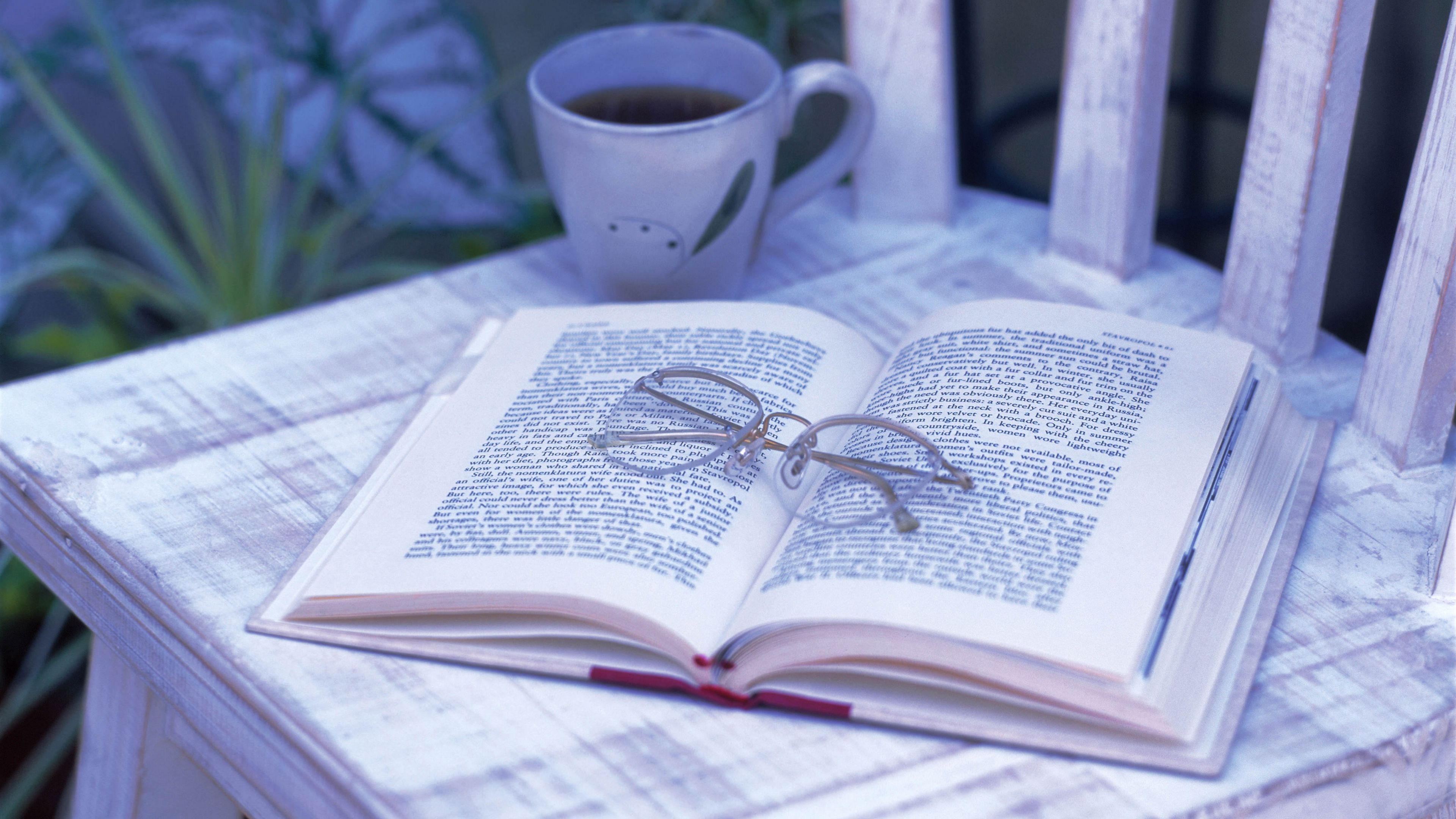 book, glasses, tea, chair, cup, garden, 4k, HD Wallpaper