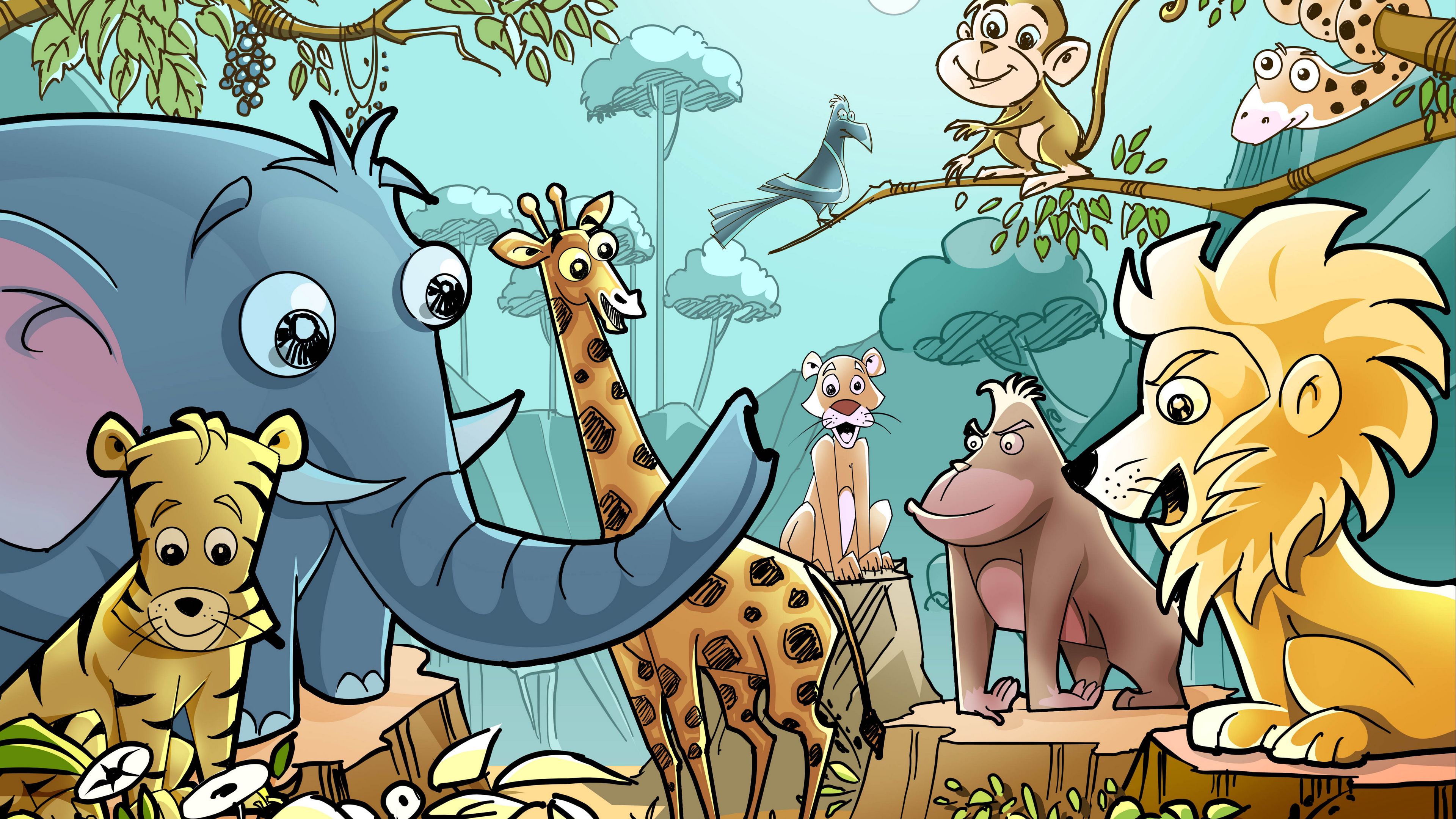 animals, cartoon, drawing, 4k, HD Wallpaper