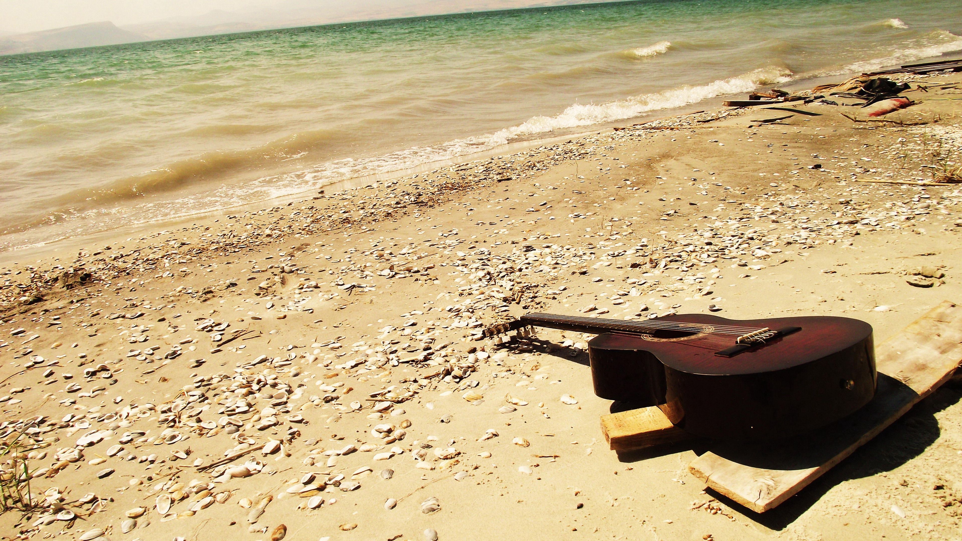 guitar, sea, beach, music, 4k, HD Wallpaper