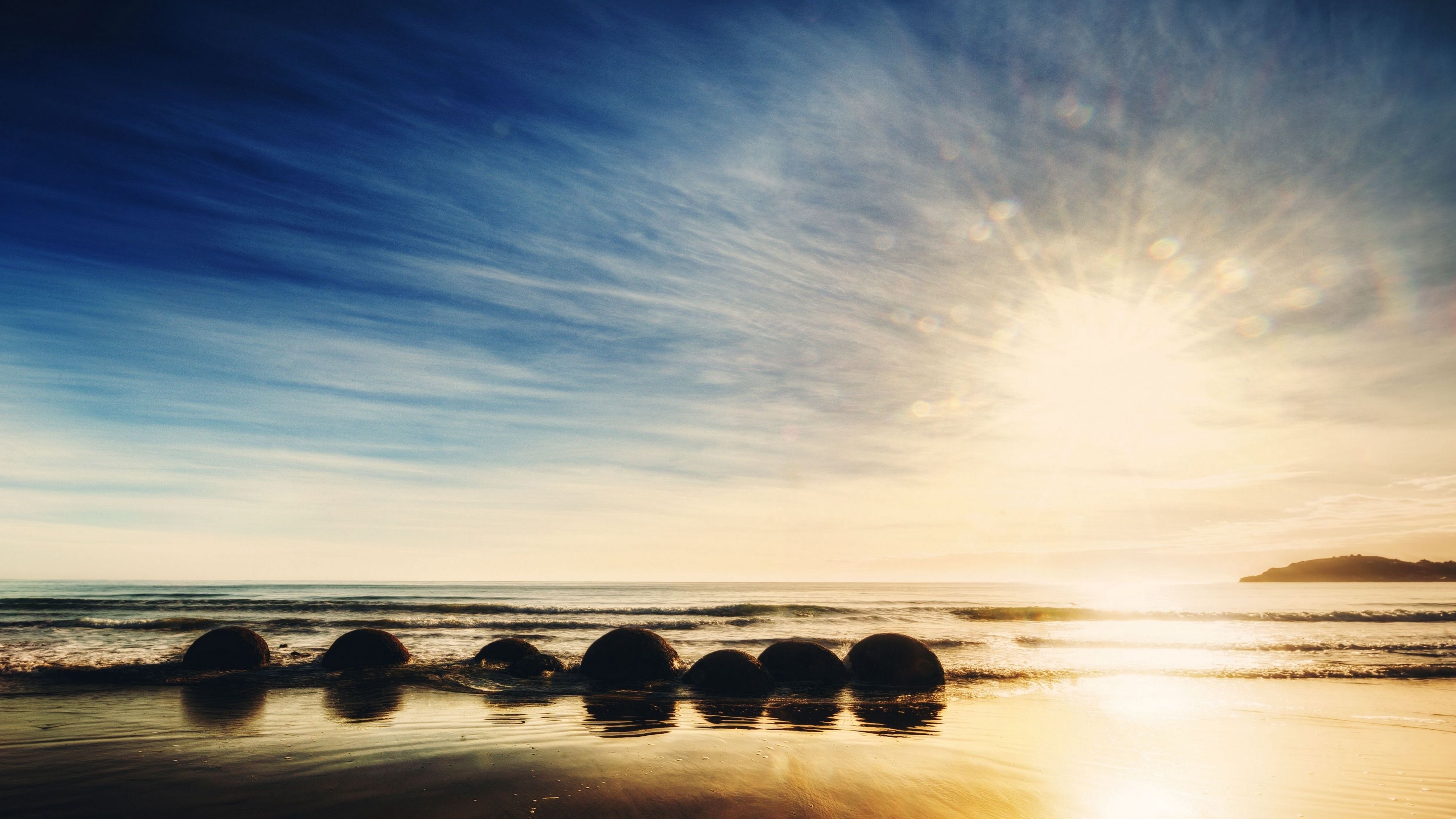 new zealand, ocean, sunrise, rocks, 4k HD Wallpaper