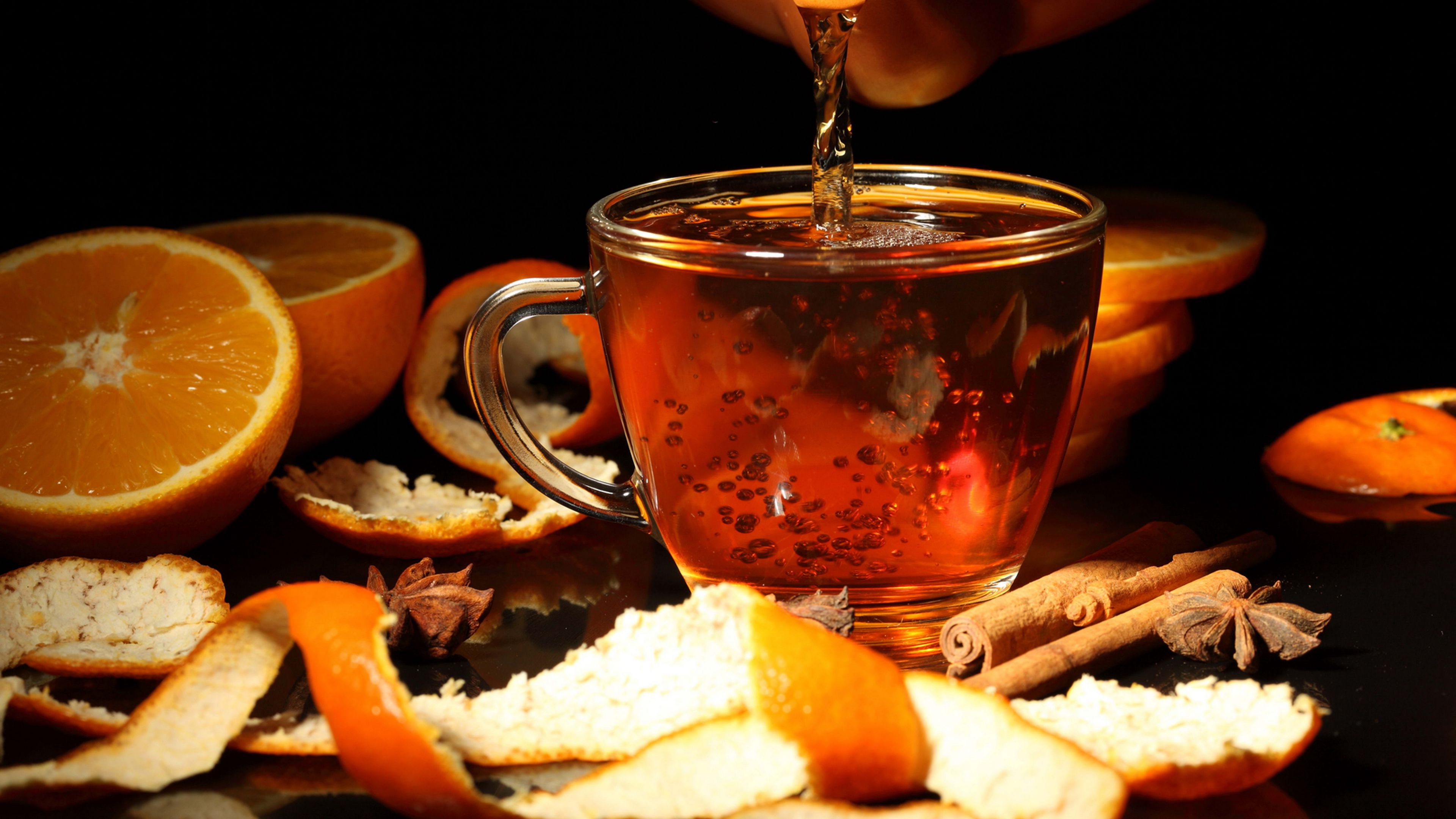 black background, tea, tea leaves, orange, 4k, HD Wallpaper