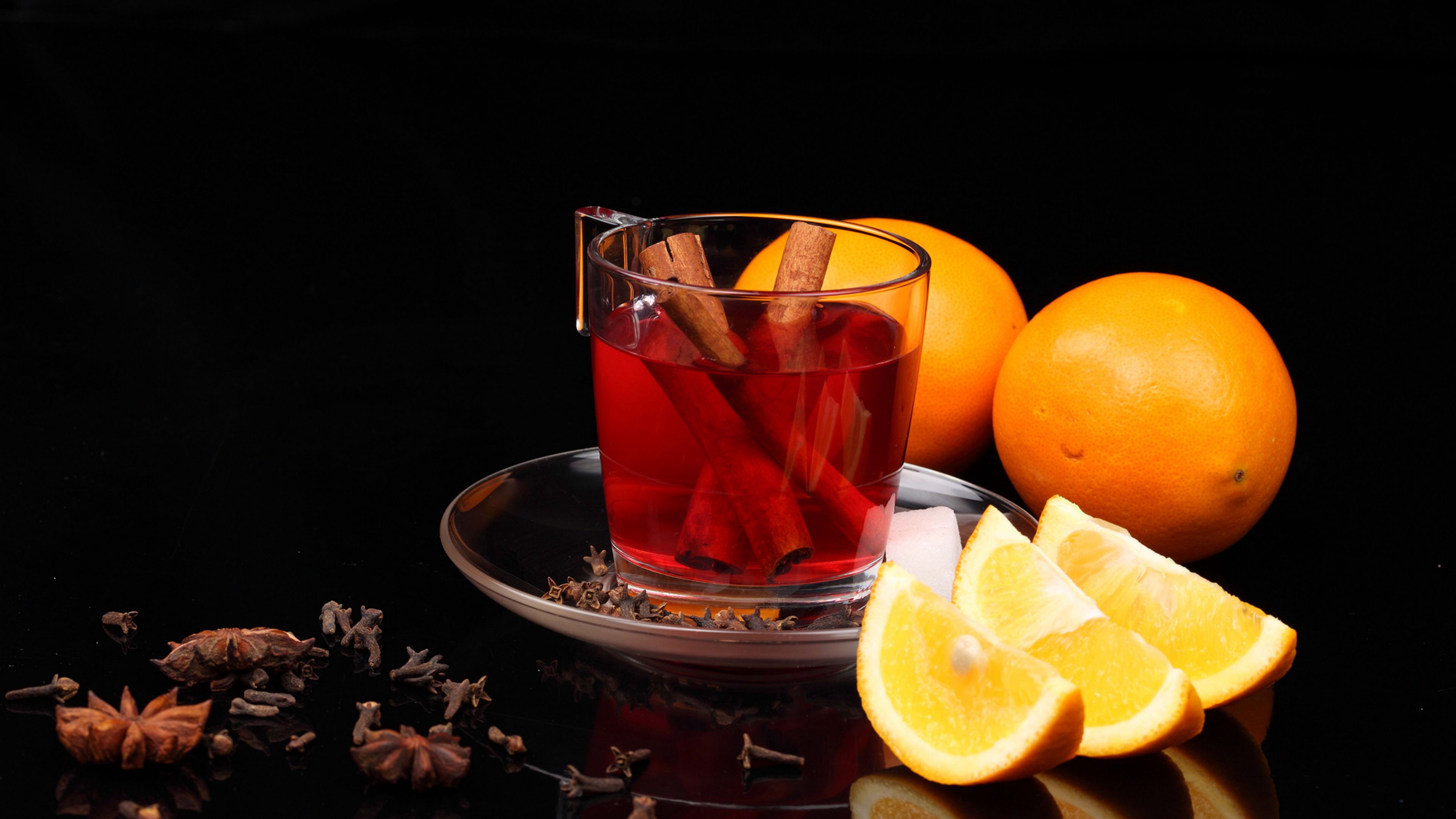 tea, orange, black background, cinnamon, cloves, 4k, HD Wallpaper