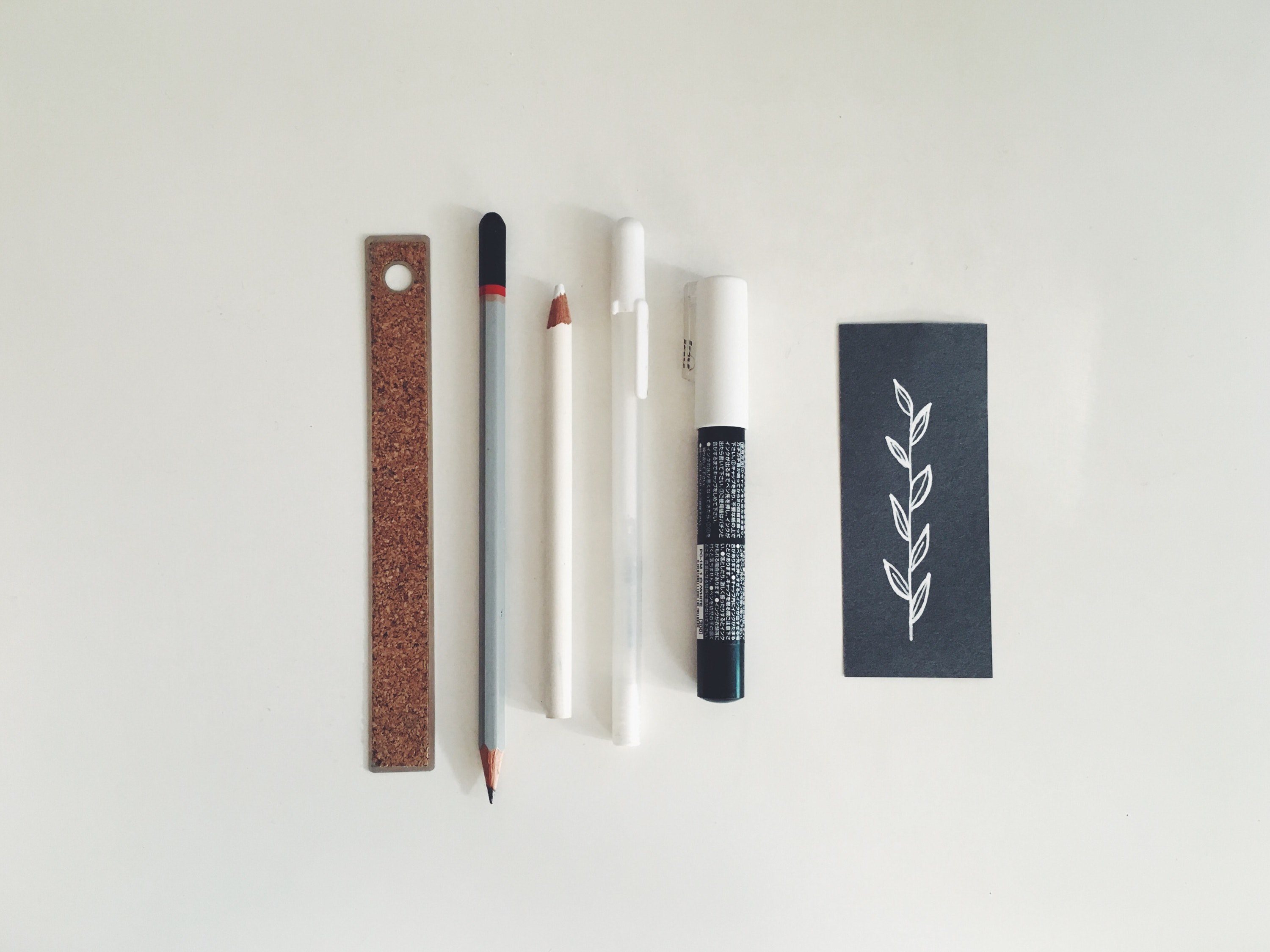 various pencils a pen marker and ruler used to draw a leaf, _drawing tools 4k, HD Wallpaper