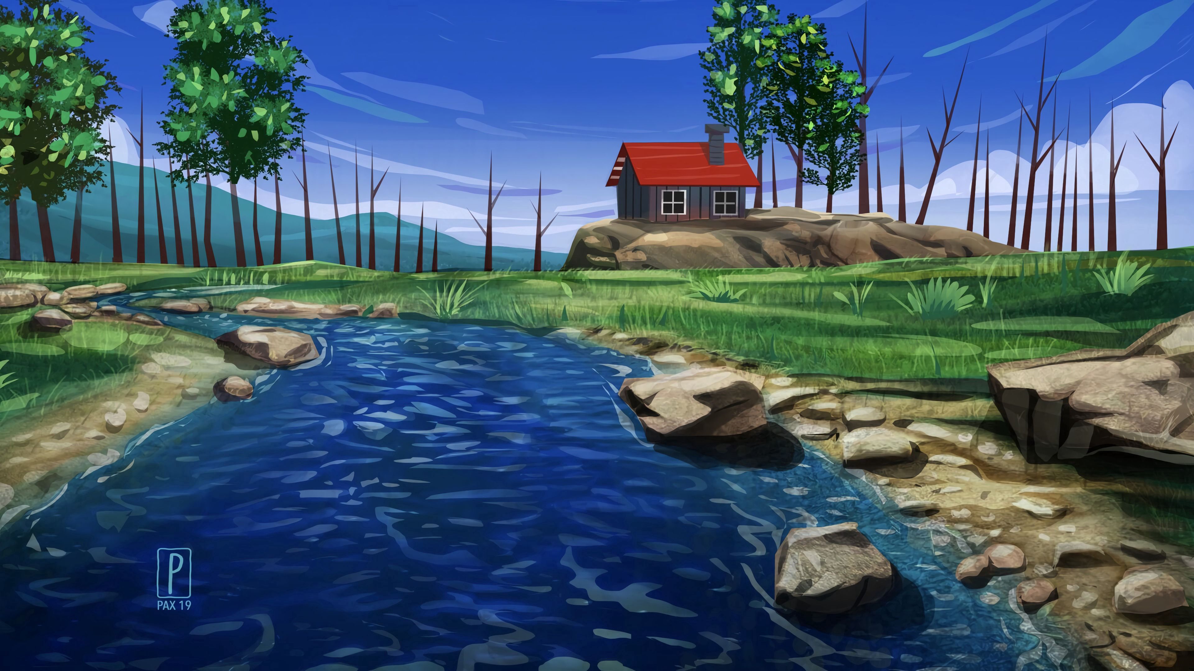 house, river, stones, art, 4k, HD Wallpaper