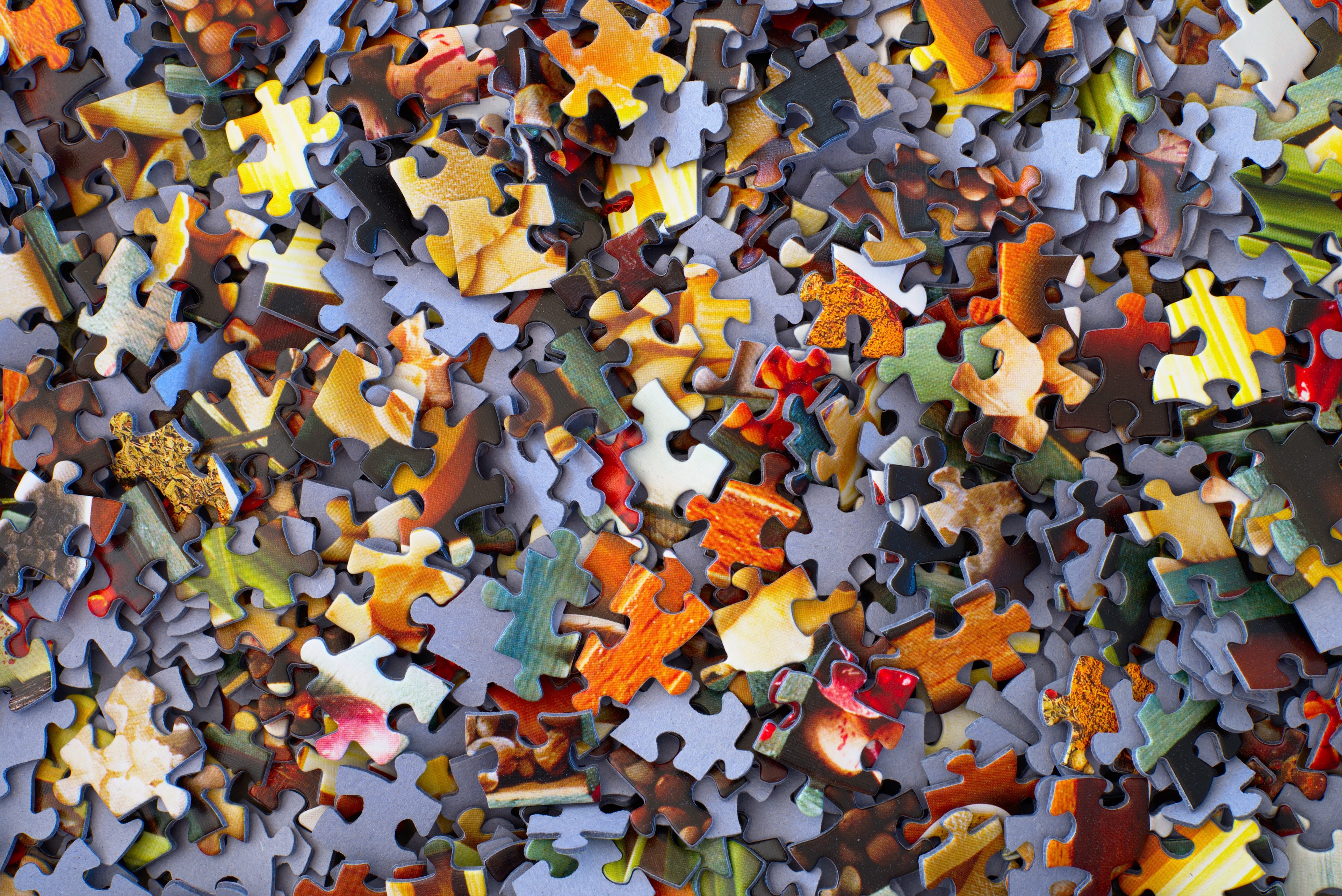 an aerial shot of brightly colored jigsaw puzzle pieces, puzzle 4k, HD Wallpaper