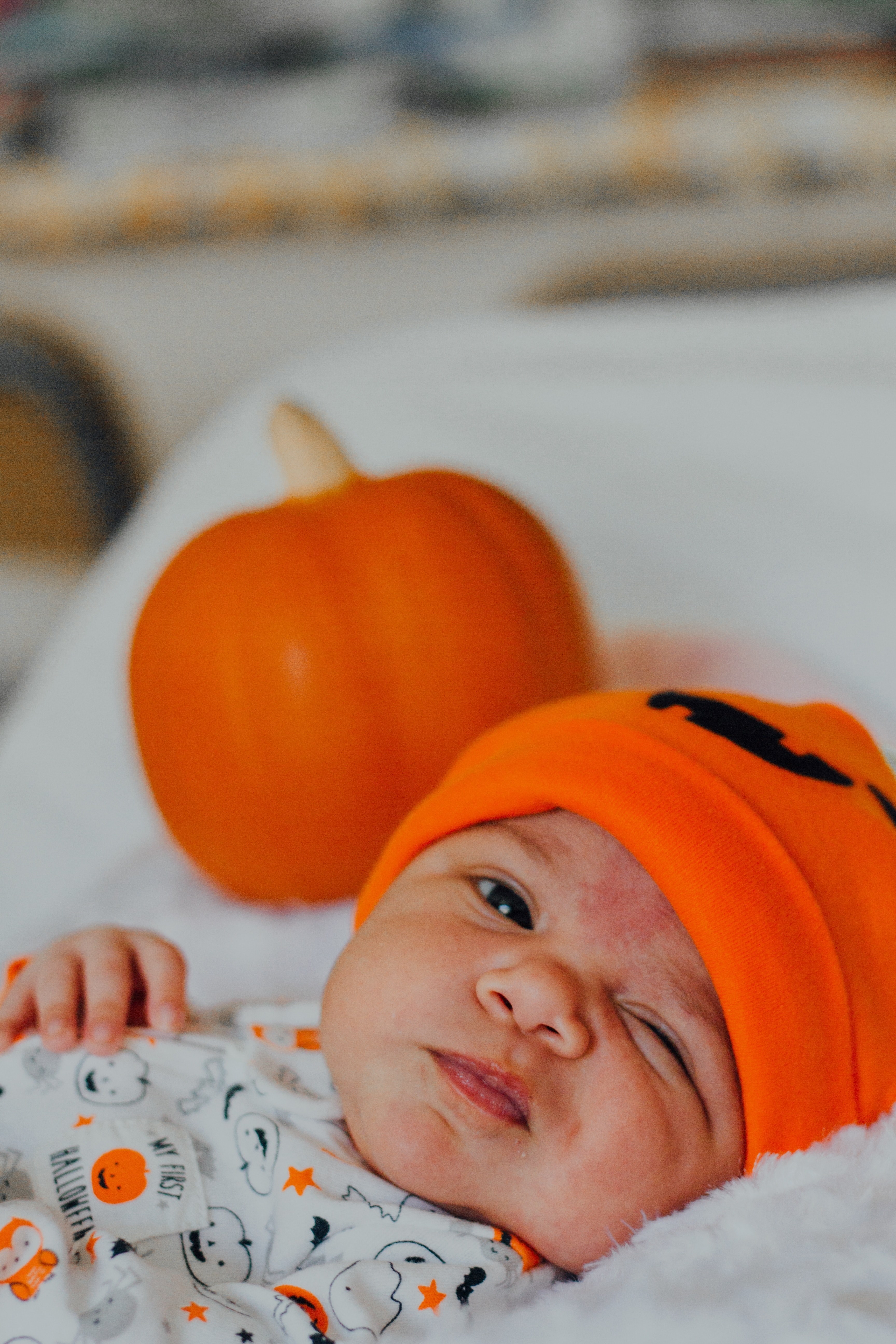 pumpkin baby orange and hat hd, 4k, Phone HD Wallpaper