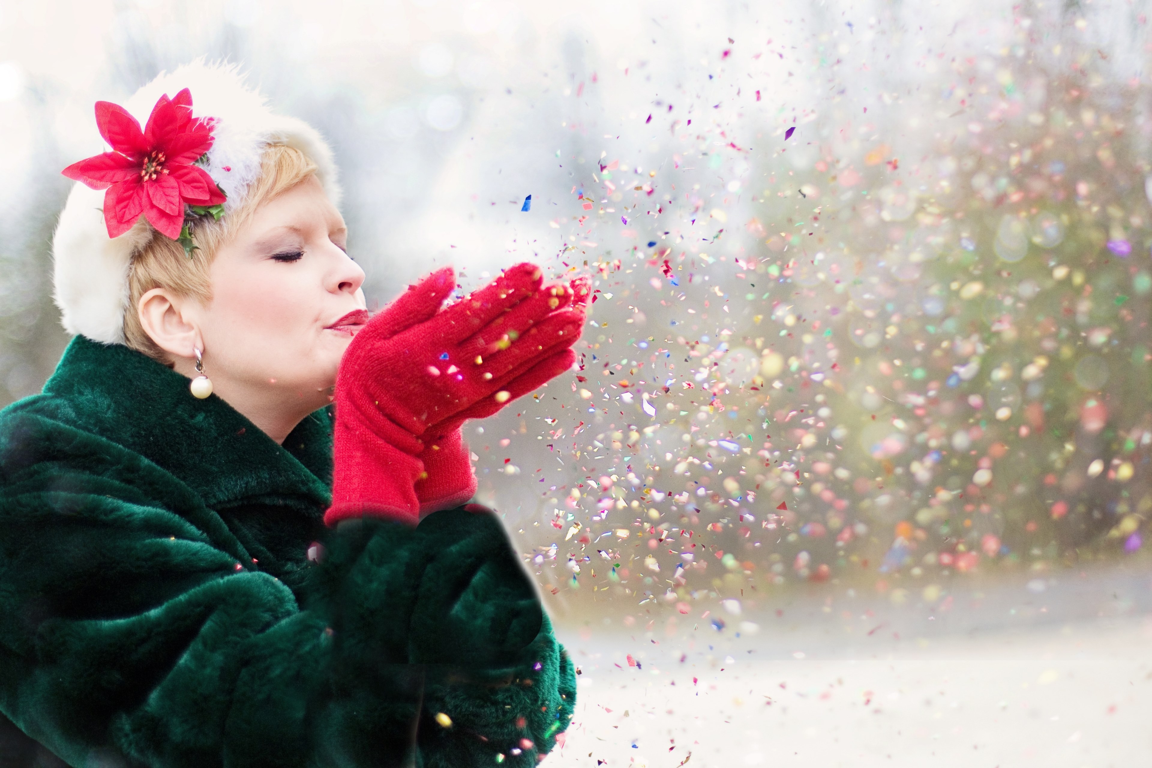 young woman blowing glitter xmas seasonal winter 4k, HD Wallpaper