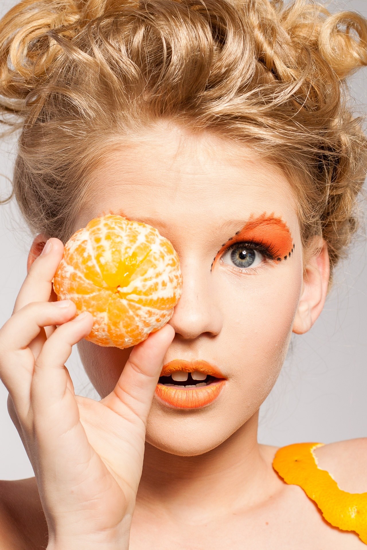 woman portrait makeup model fruit tangerine 4k, Phone HD Wallpaper