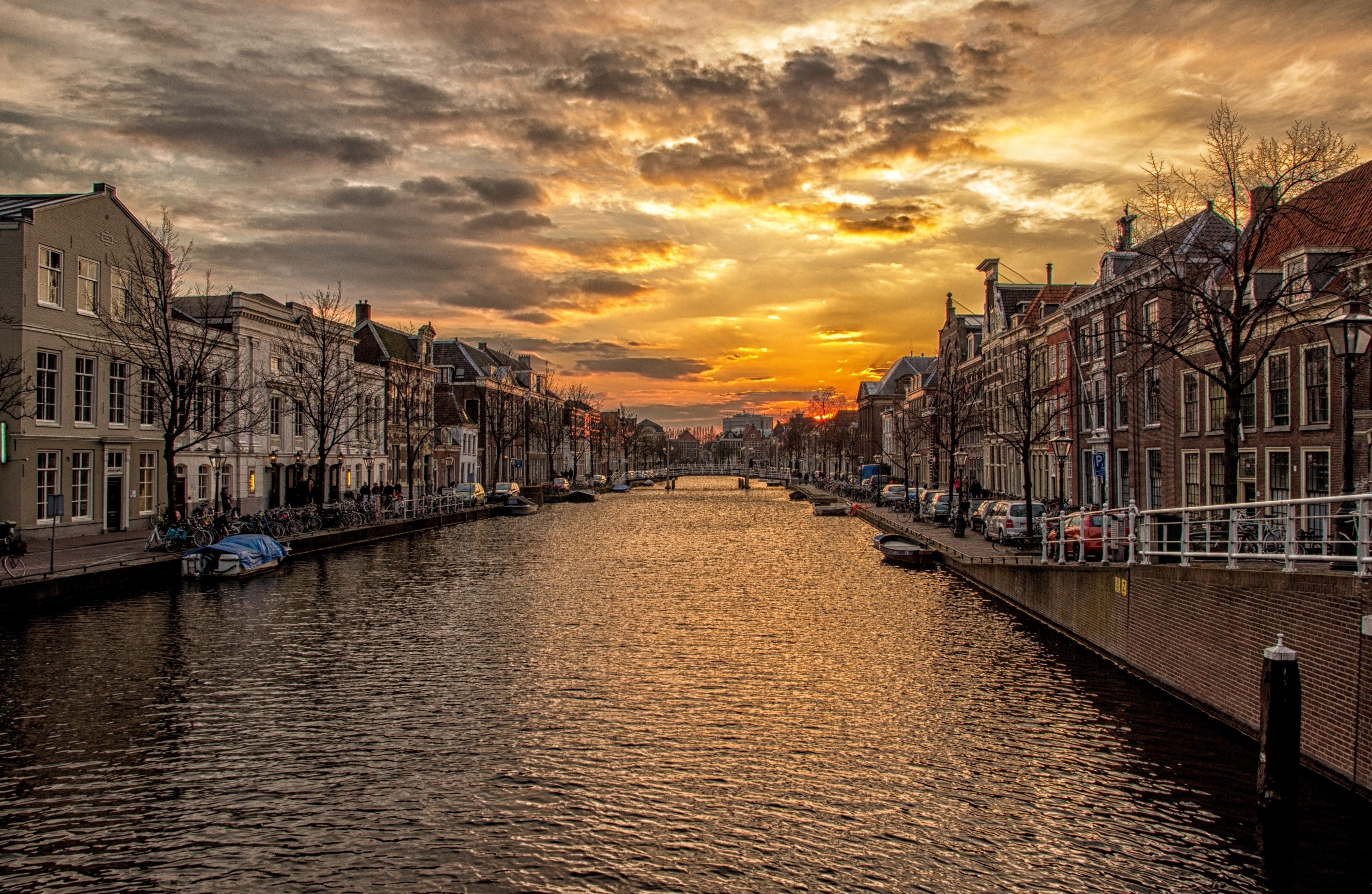 waterway channel holland homes sunset water river 4k, HD Wallpaper